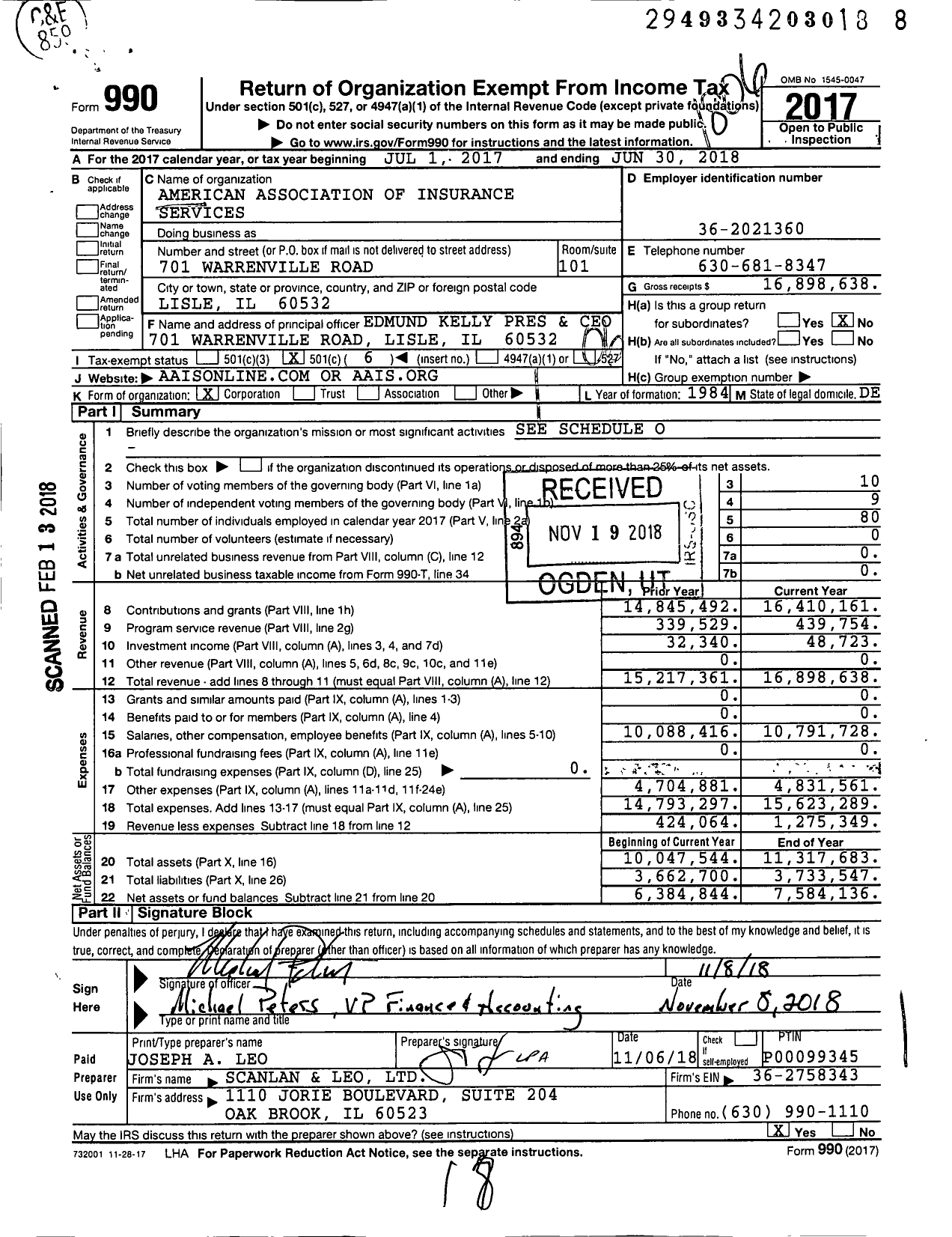 Image of first page of 2017 Form 990O for American Association of Insurance Services