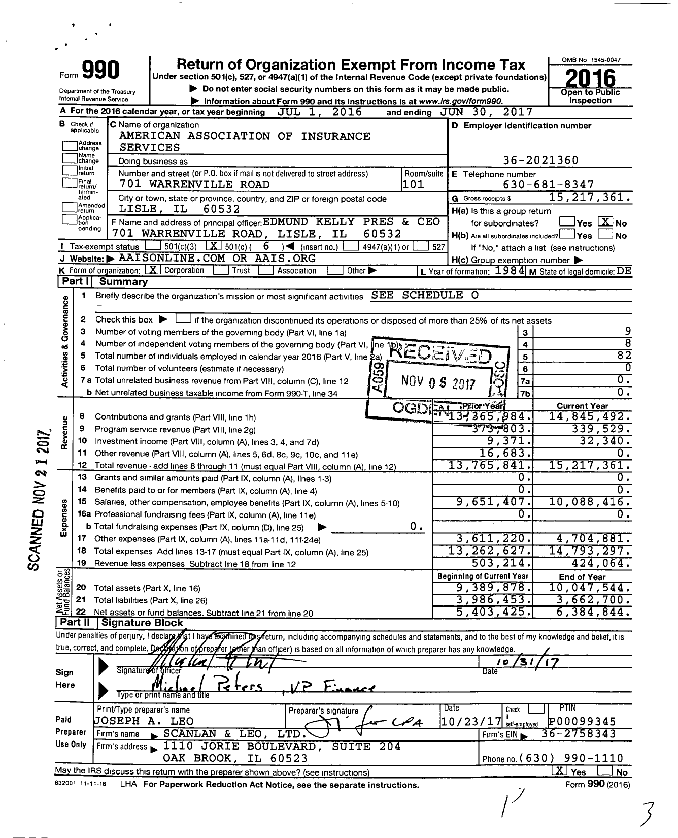 Image of first page of 2016 Form 990O for American Association of Insurance Services