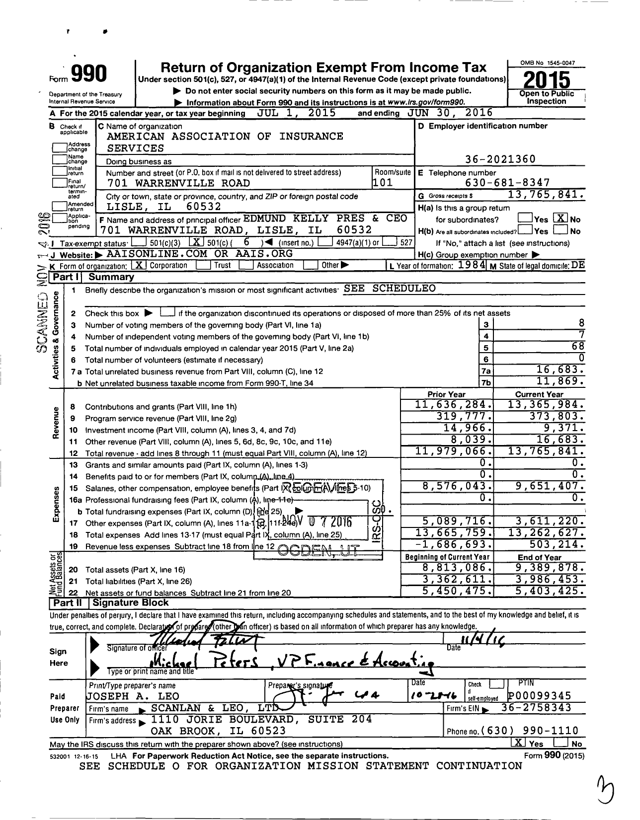 Image of first page of 2015 Form 990O for American Association of Insurance Services
