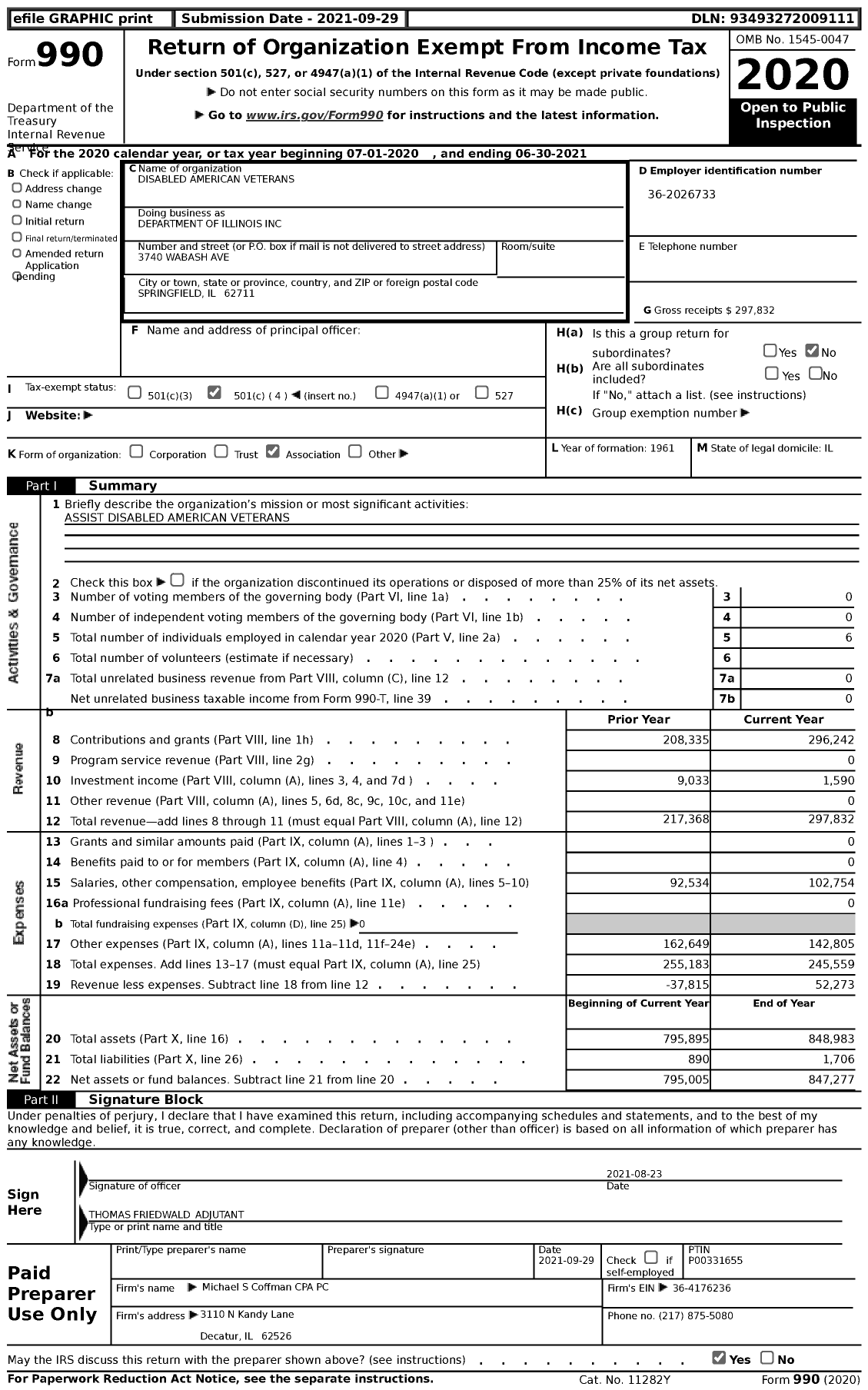 Image of first page of 2020 Form 990 for Disabled American Veterans - Department of Illinois