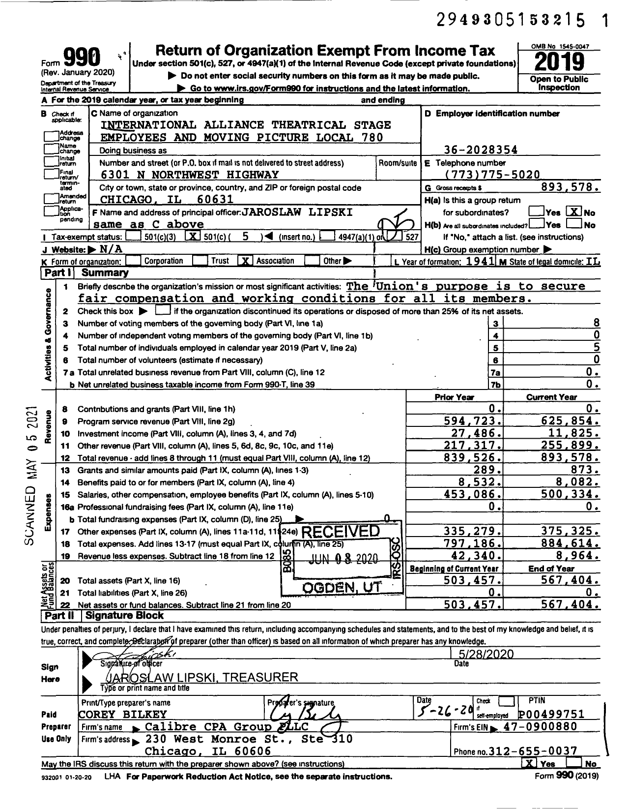 Image of first page of 2019 Form 990O for International Alliance Theatrical Stage Employees and Moving Picture Local 780