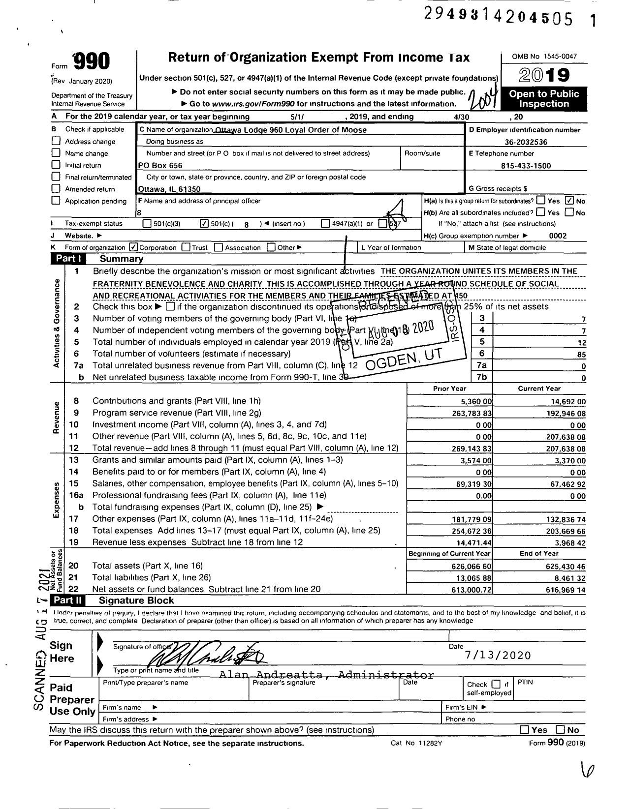 Image of first page of 2019 Form 990O for Loyal Order of Moose - 960