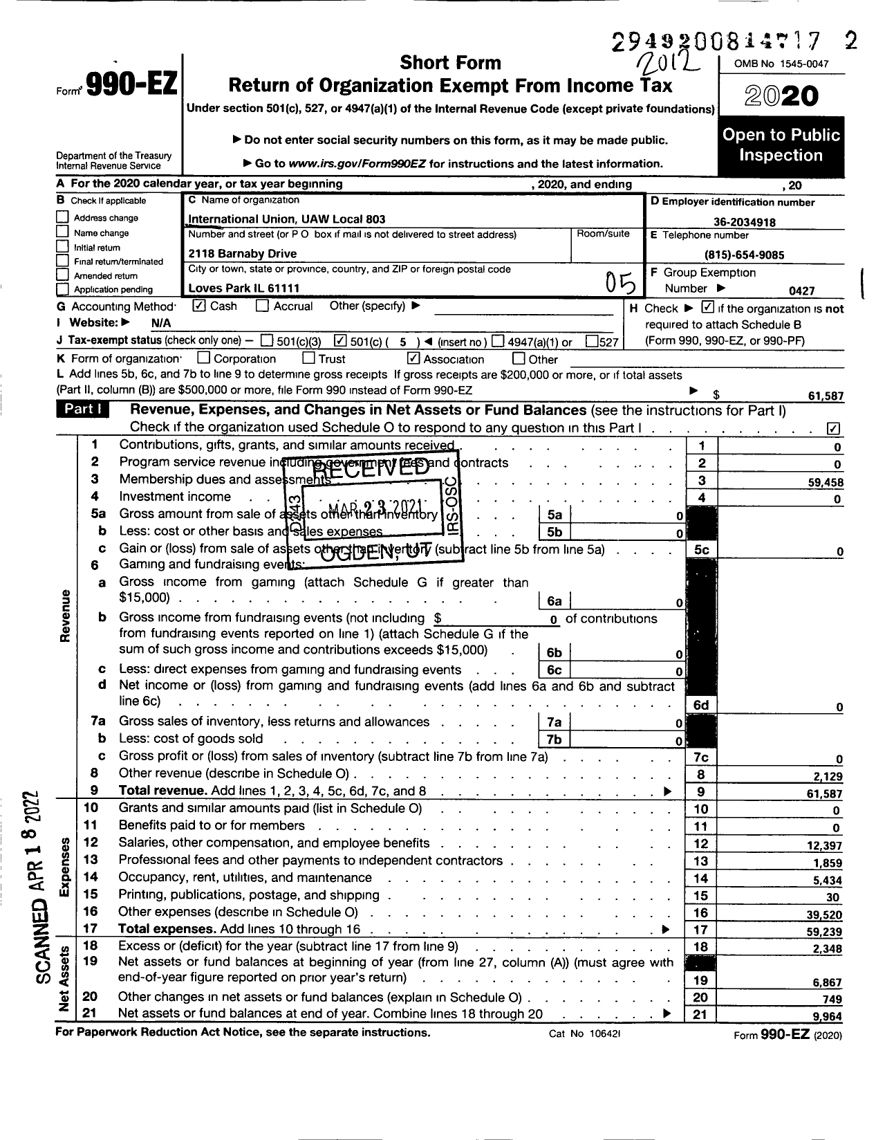 Image of first page of 2020 Form 990EO for UAW - U A W Local 803