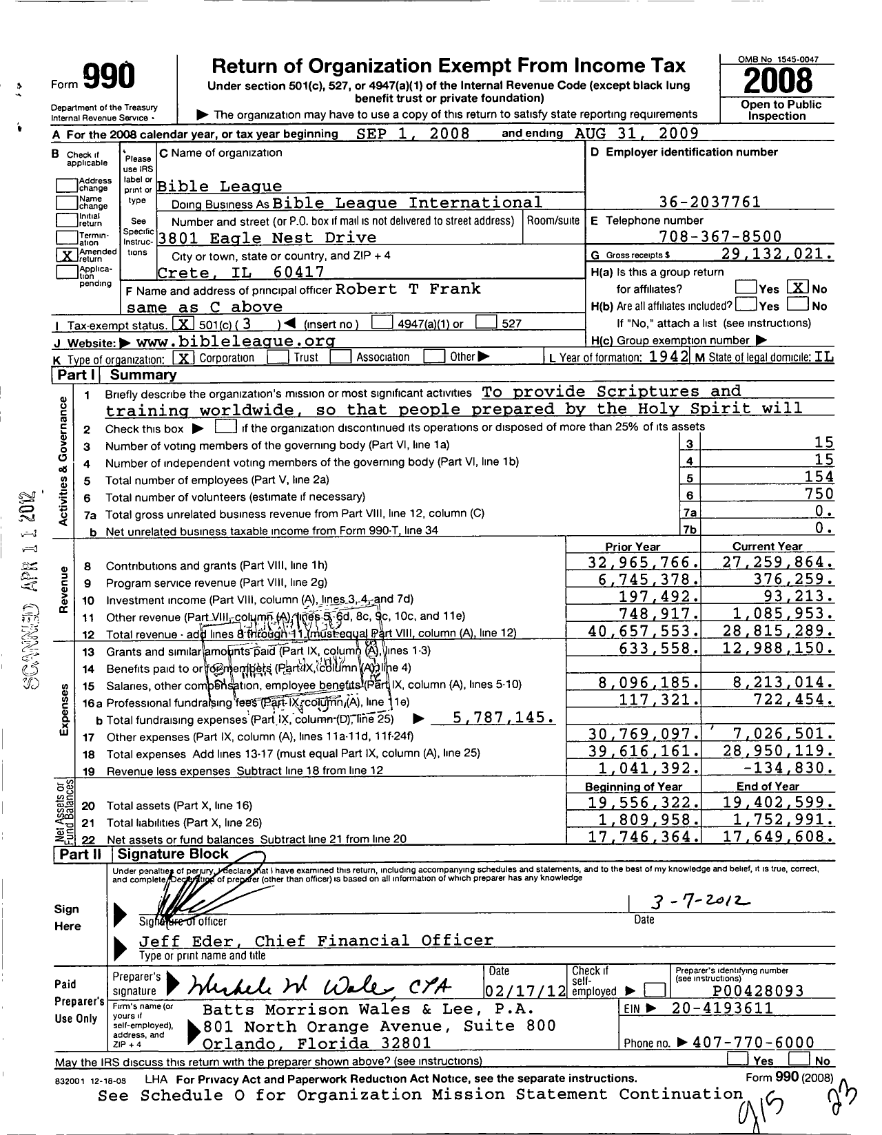 Image of first page of 2008 Form 990 for Bible League