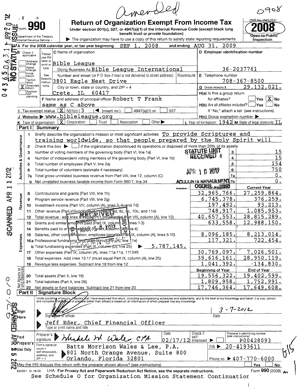 Image of first page of 2008 Form 990 for Bible League