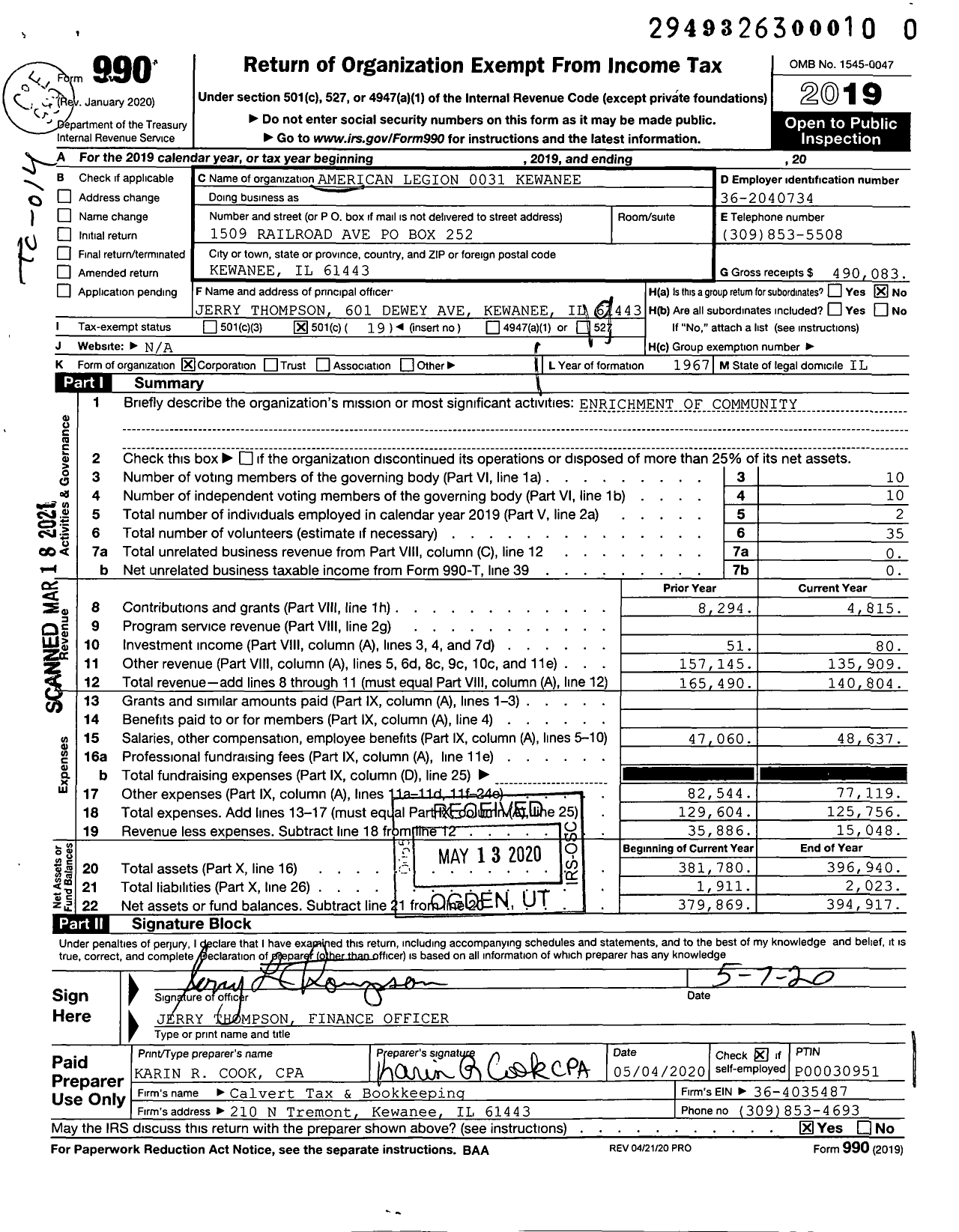 Image of first page of 2019 Form 990O for American Legion - 0031 Kewanee