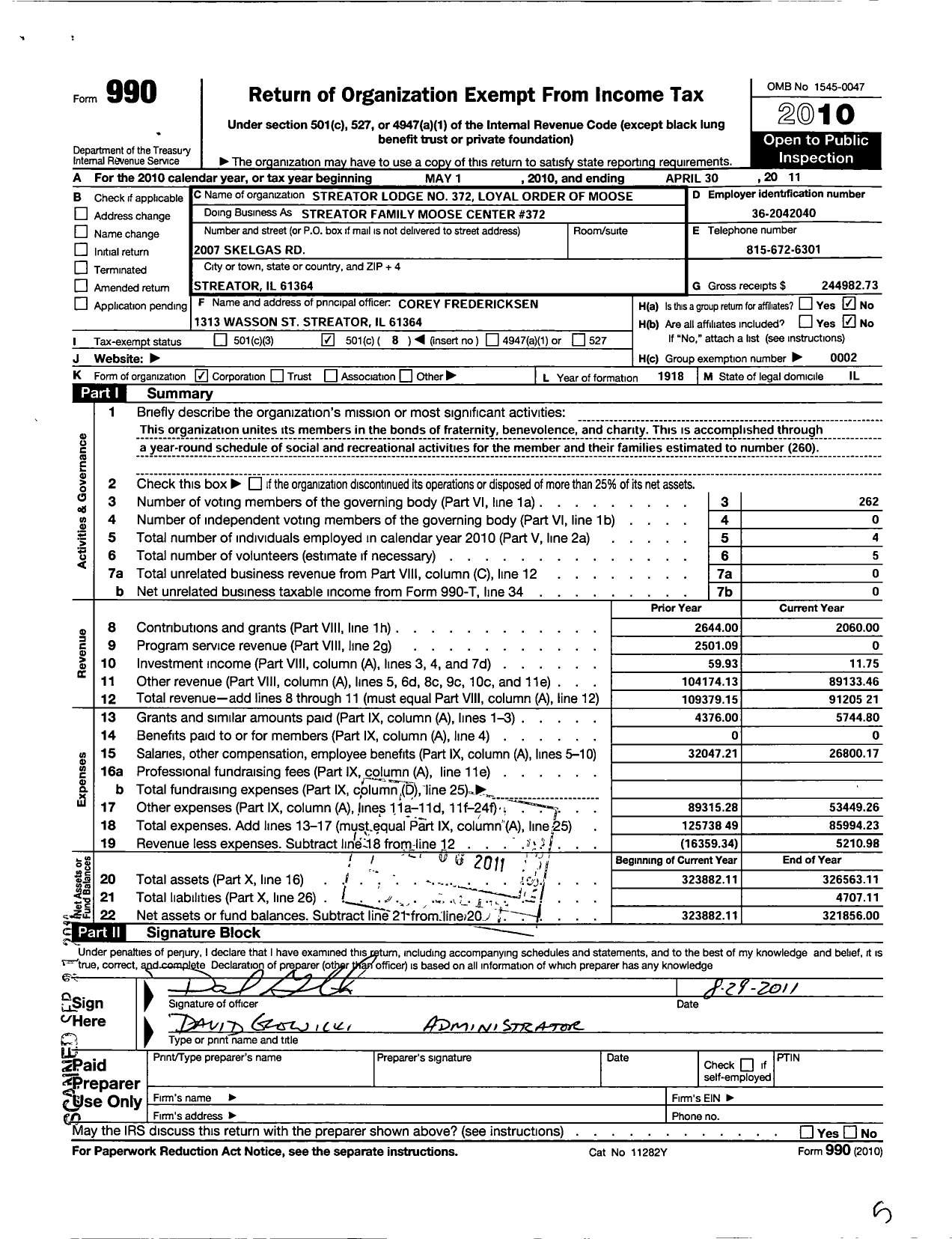 Image of first page of 2010 Form 990O for Loyal Order of Moose - Streator Family Moose Center 372