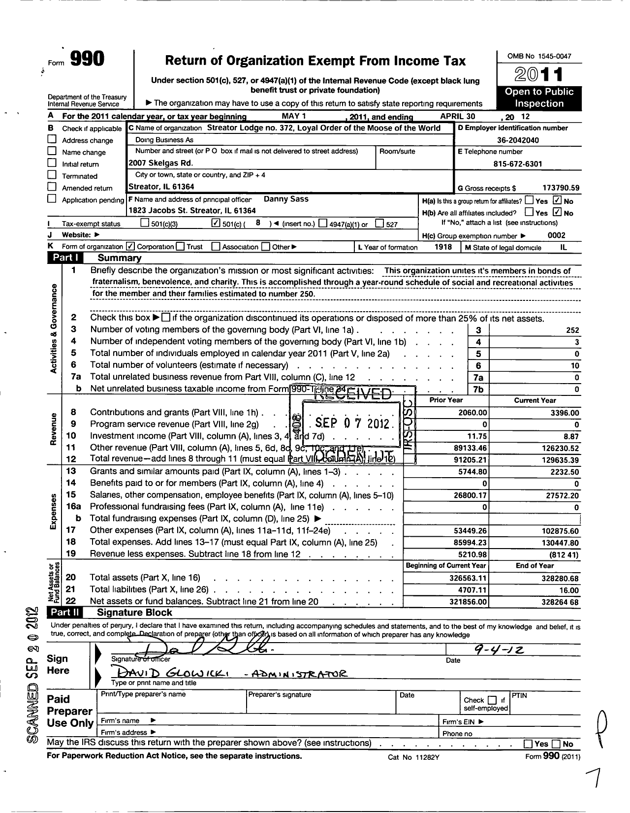 Image of first page of 2011 Form 990O for Loyal Order of Moose - Streator Family Moose Center 372