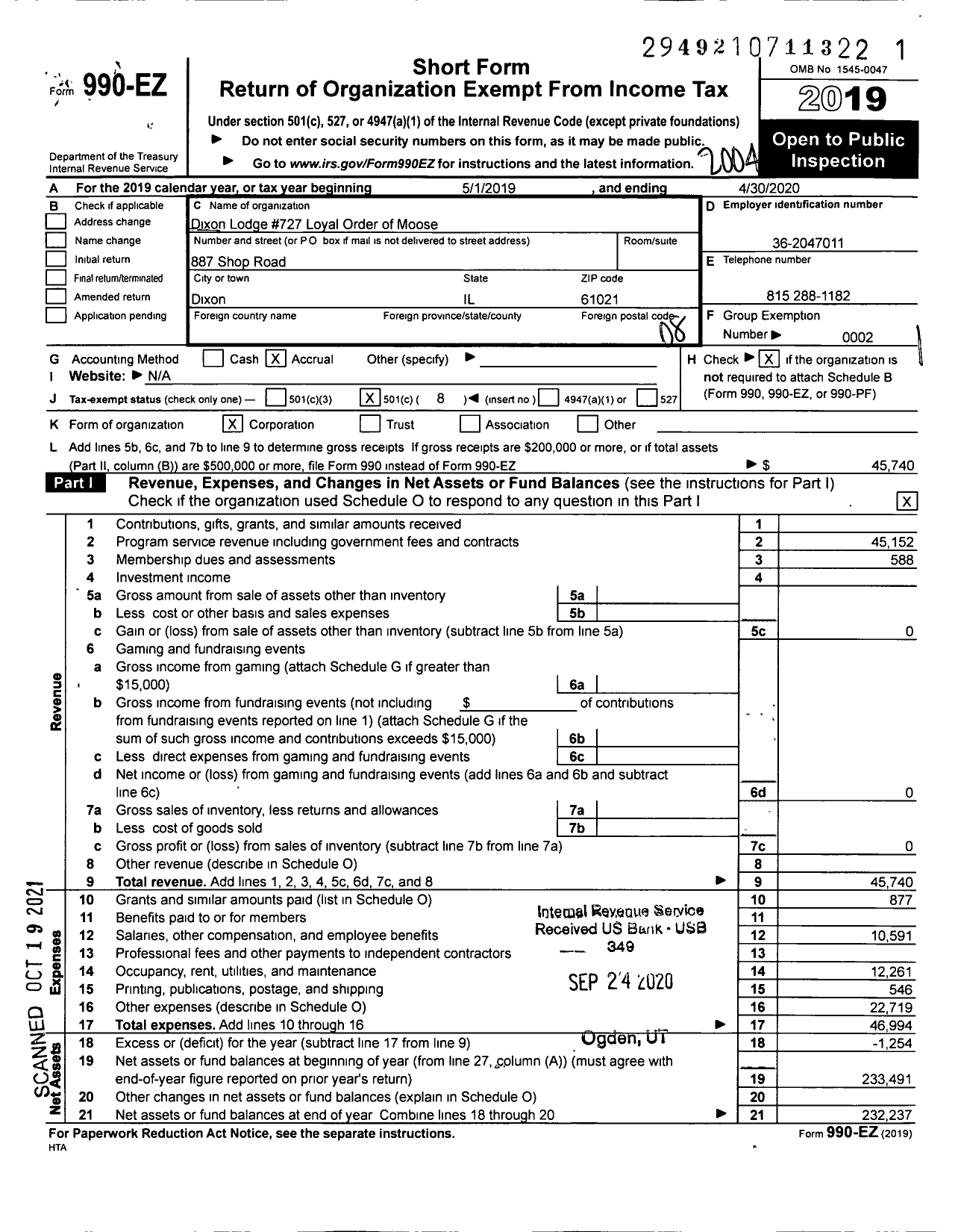 Image of first page of 2019 Form 990EO for Dixon Lodge 727 Loyal Order of Moose