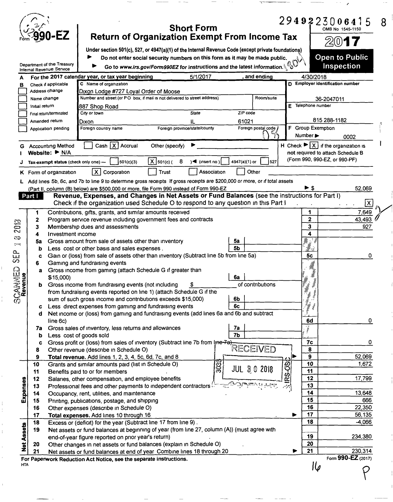 Image of first page of 2017 Form 990EO for Dixon Lodge 727 Loyal Order of Moose