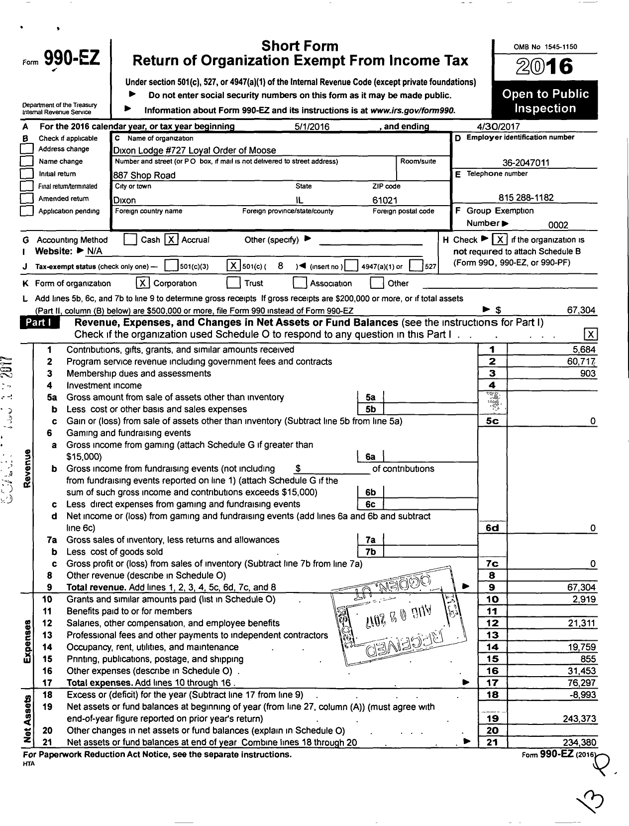 Image of first page of 2016 Form 990EO for Dixon Lodge 727 Loyal Order of Moose