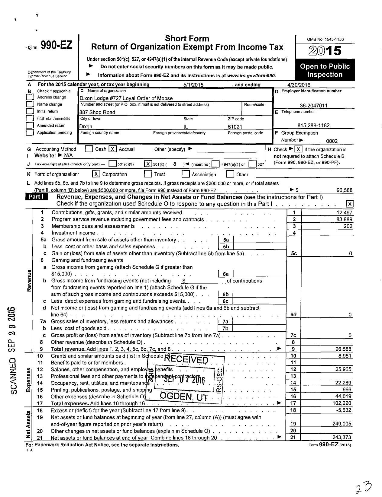 Image of first page of 2015 Form 990EO for Dixon Lodge 727 Loyal Order of Moose