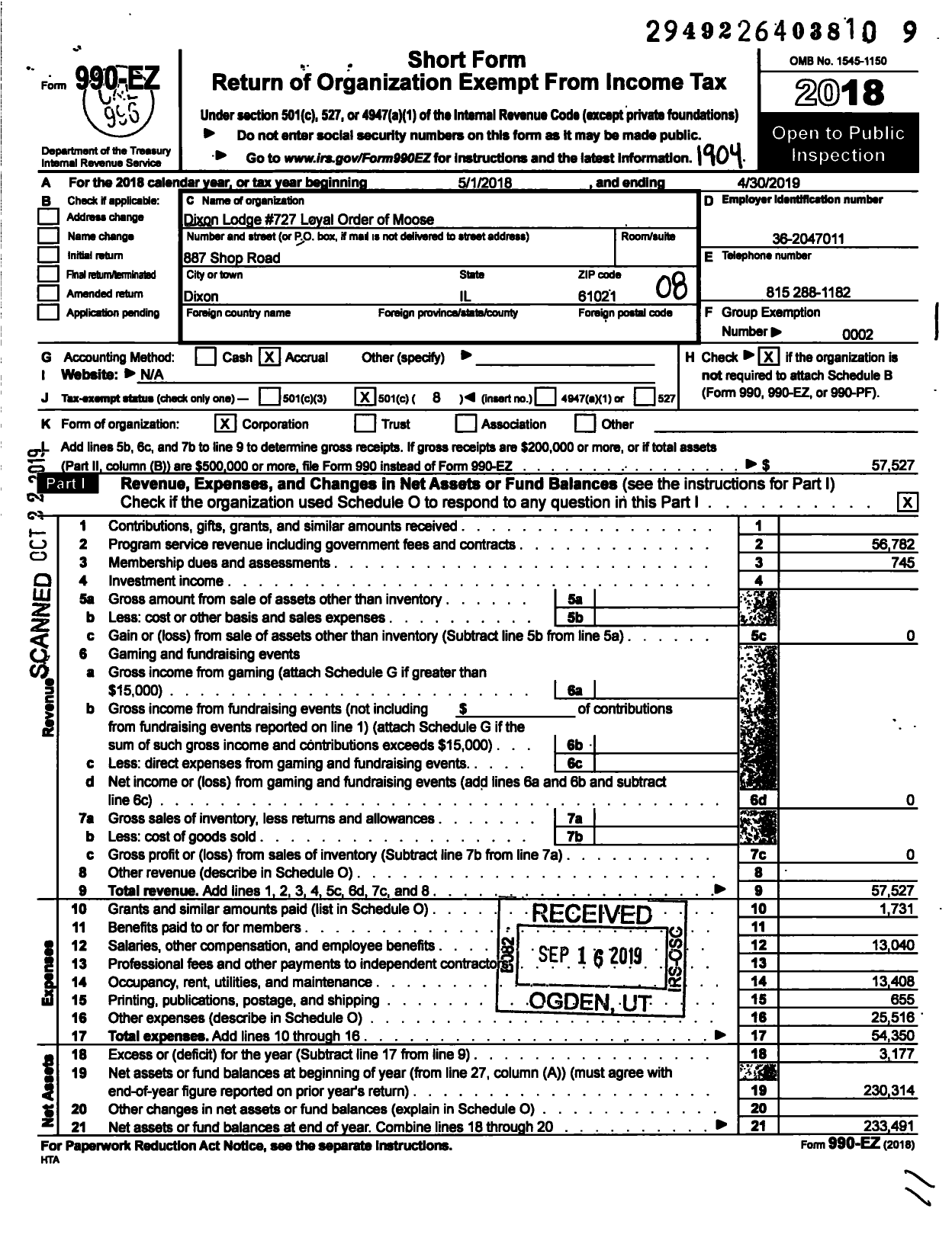 Image of first page of 2018 Form 990EO for Dixon Lodge 727 Loyal Order of Moose