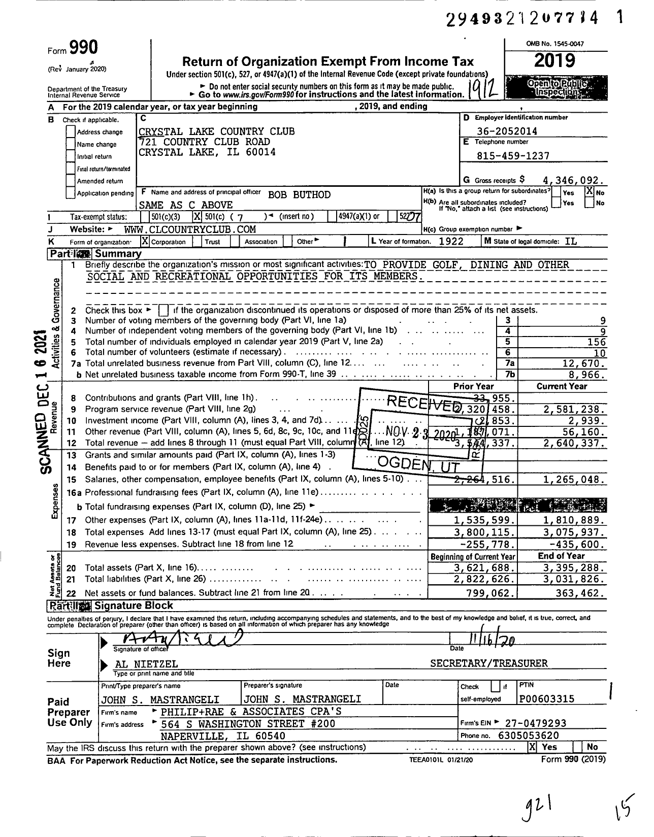 Image of first page of 2019 Form 990O for Crystal Lake Country Club
