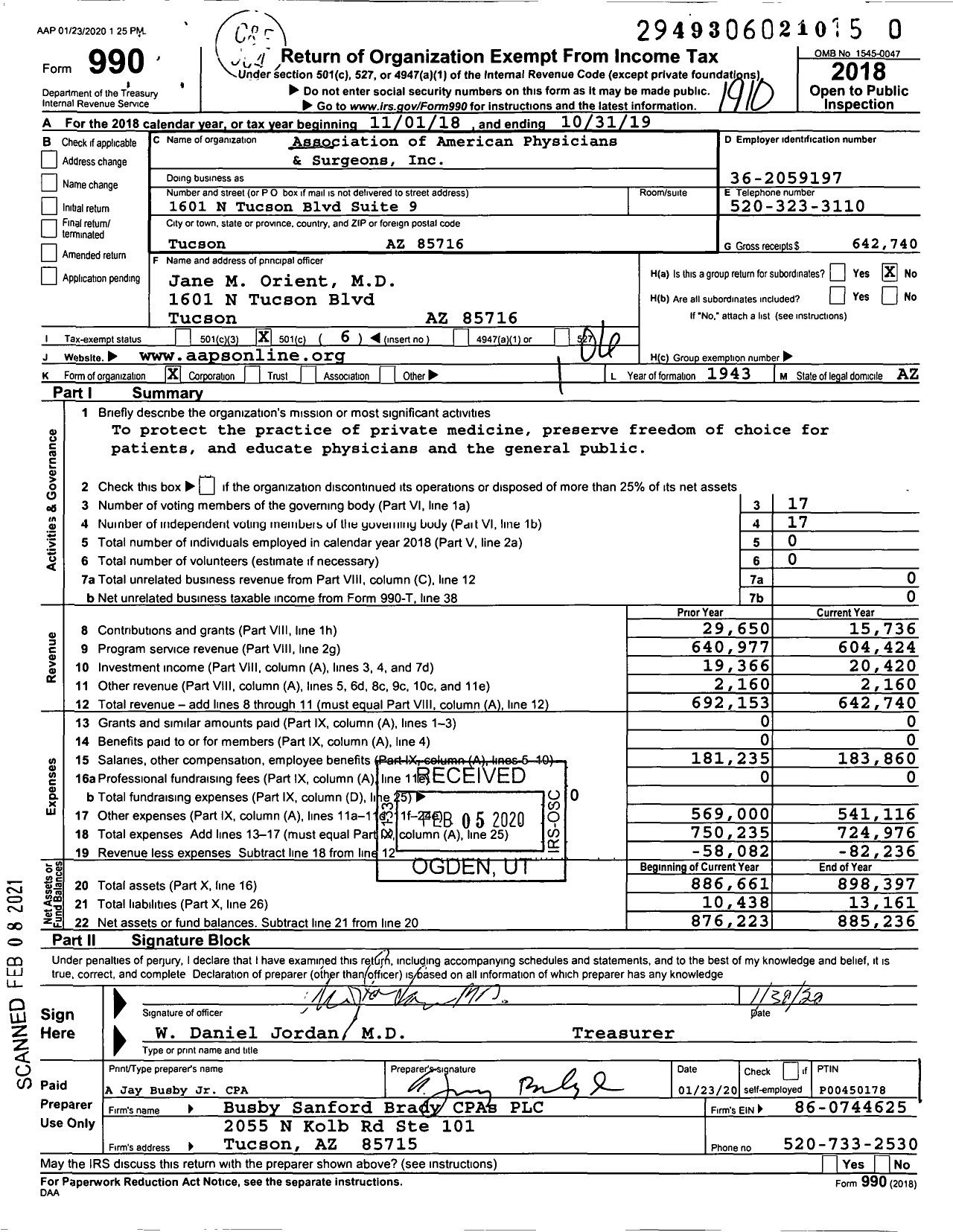 Image of first page of 2018 Form 990O for Association of American Physicians and Surgeons (AAPS)