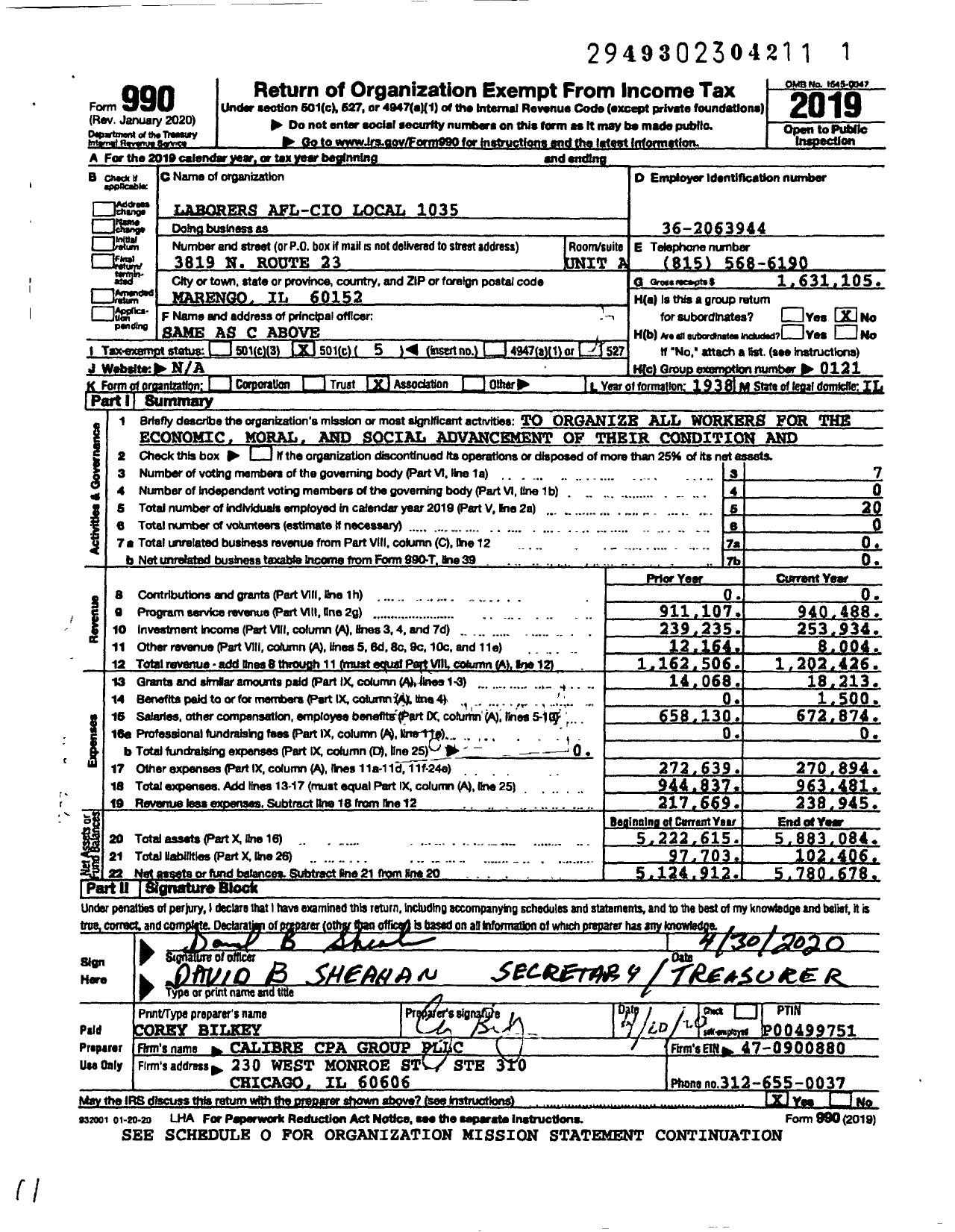 Image of first page of 2019 Form 990 for Laborers' International Union of North America Local 1035