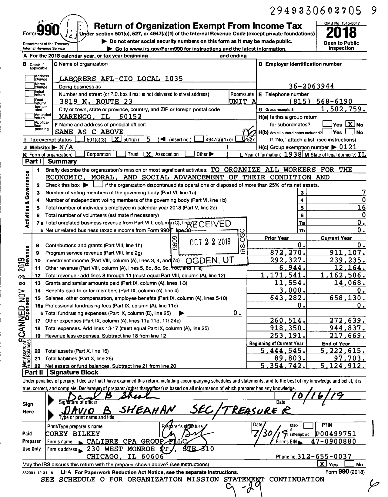 Image of first page of 2018 Form 990O for Laborers' International Union of North America Local 1035