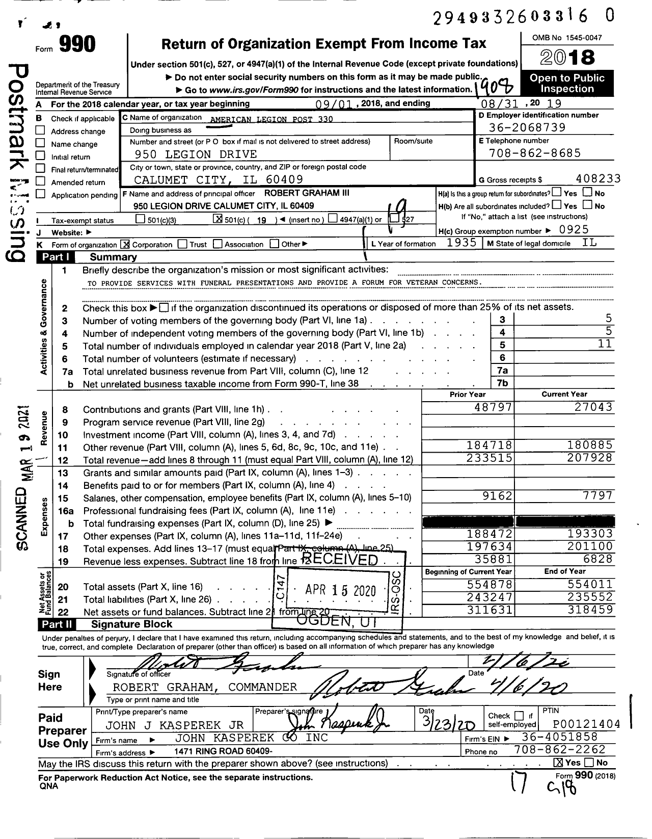 Image of first page of 2018 Form 990O for American Legion - 330 Calumet Memorial