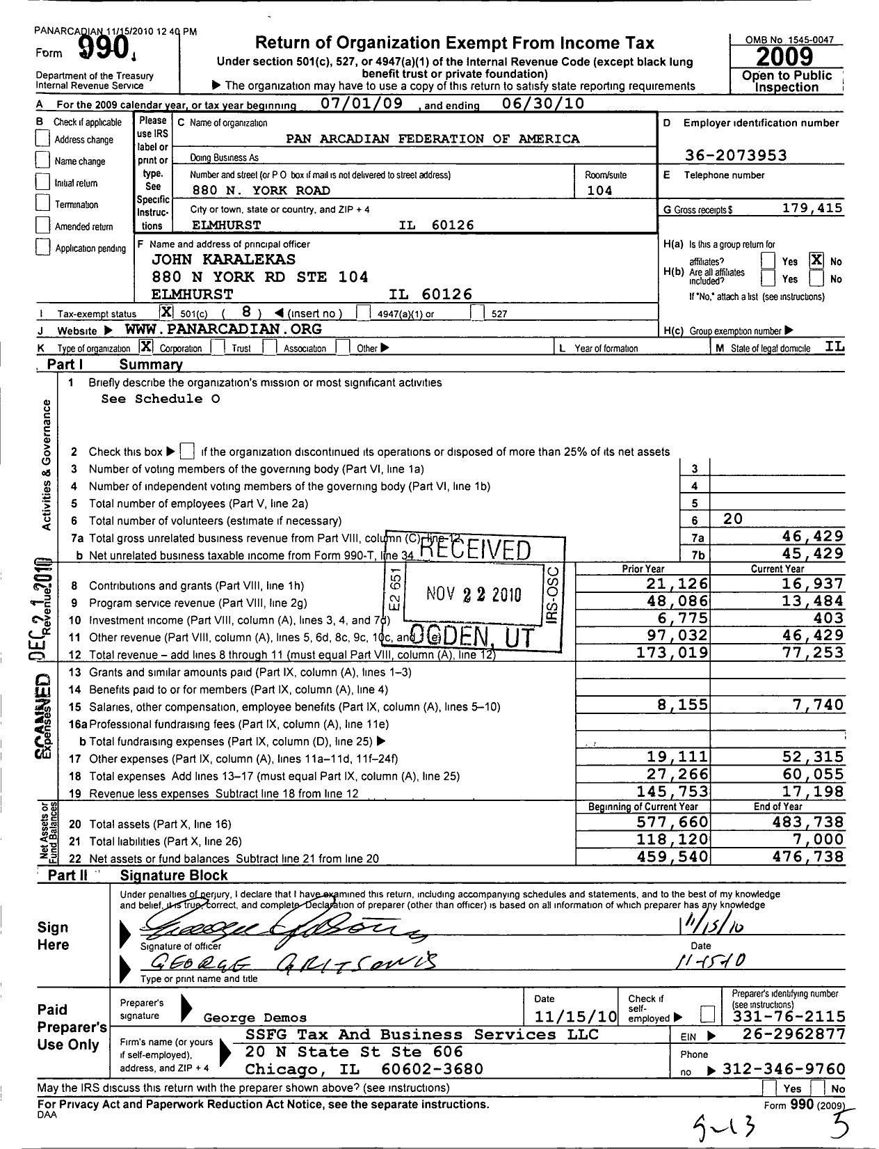 Image of first page of 2009 Form 990O for Pan Arcadian Federation of America