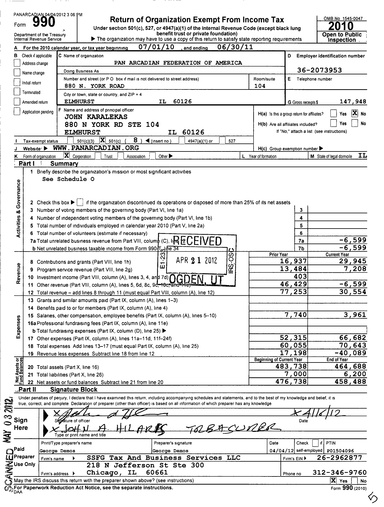 Image of first page of 2010 Form 990O for Pan Arcadian Federation of America