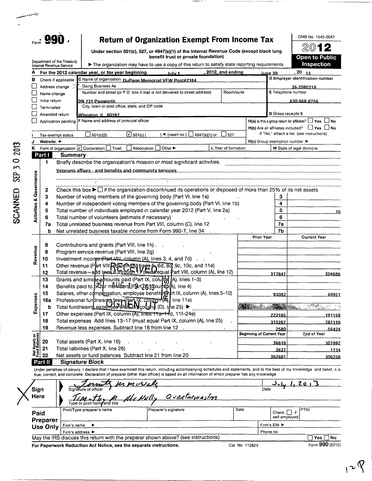 Image of first page of 2012 Form 990O for VFW Dept of Illinois - 2164 Dupage Memorial Post