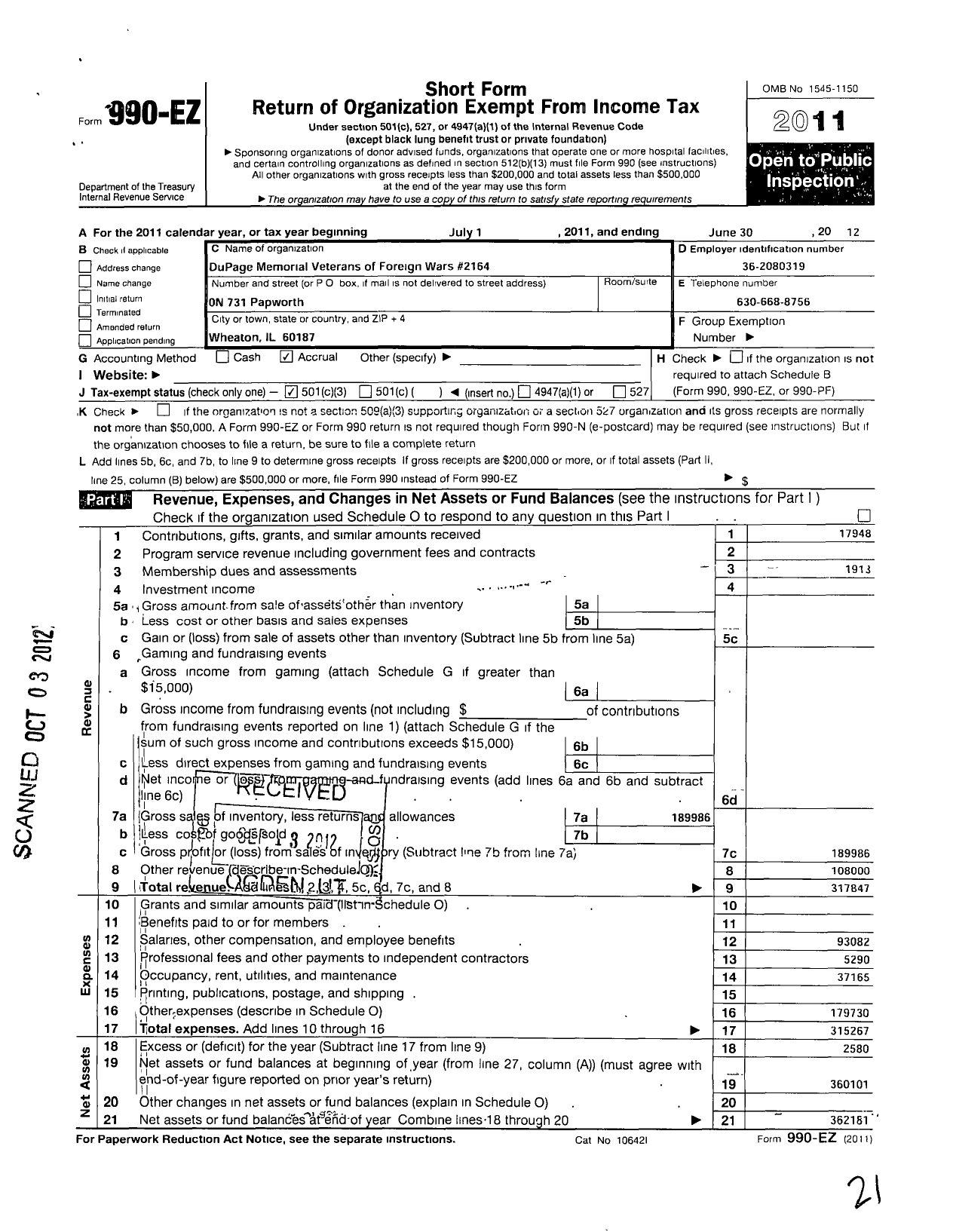 Image of first page of 2011 Form 990EZ for VFW Dept of Illinois - 2164 Dupage Memorial Post