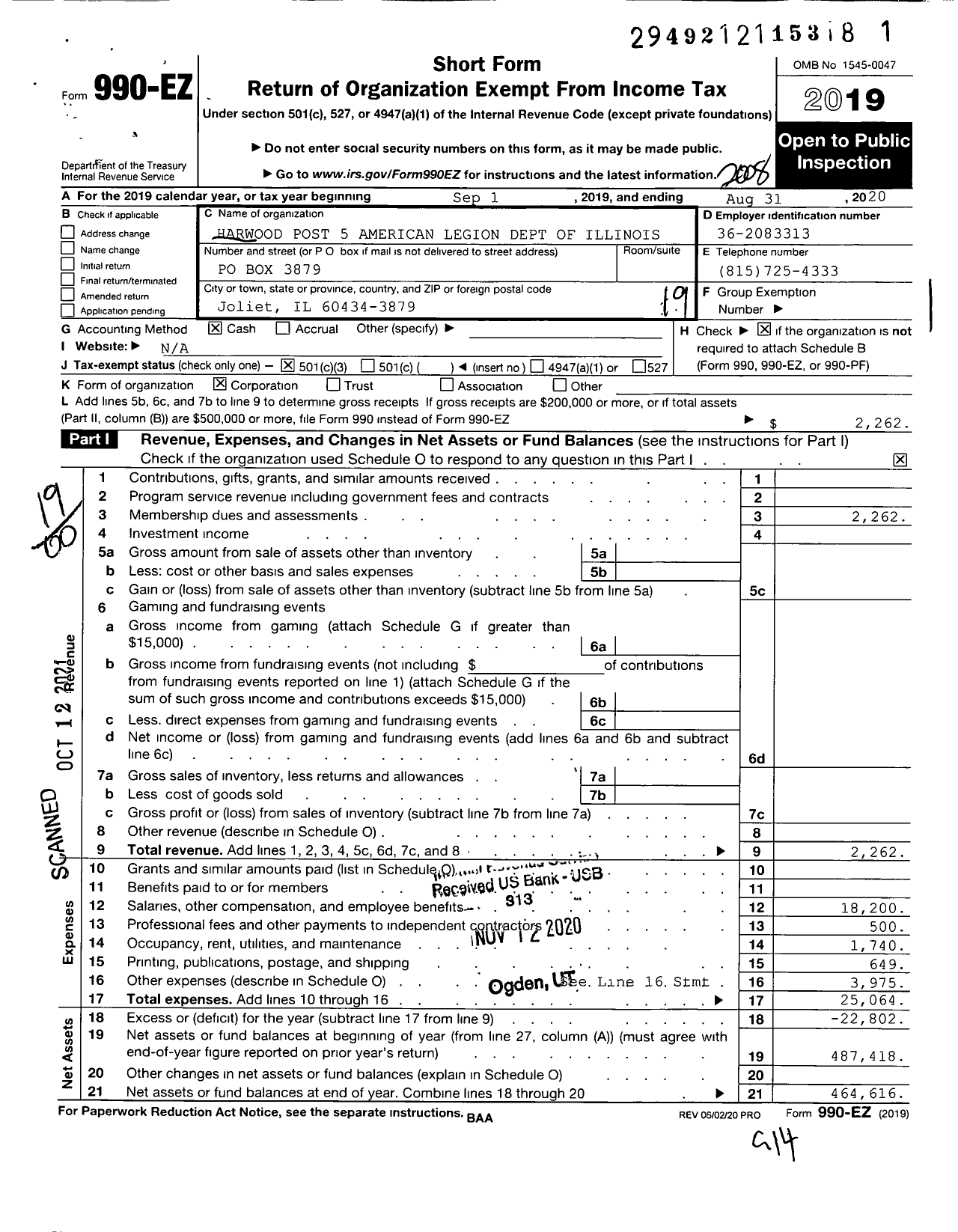 Image of first page of 2019 Form 990EO for Harwood Post 5 American Legion Dept of Illinois