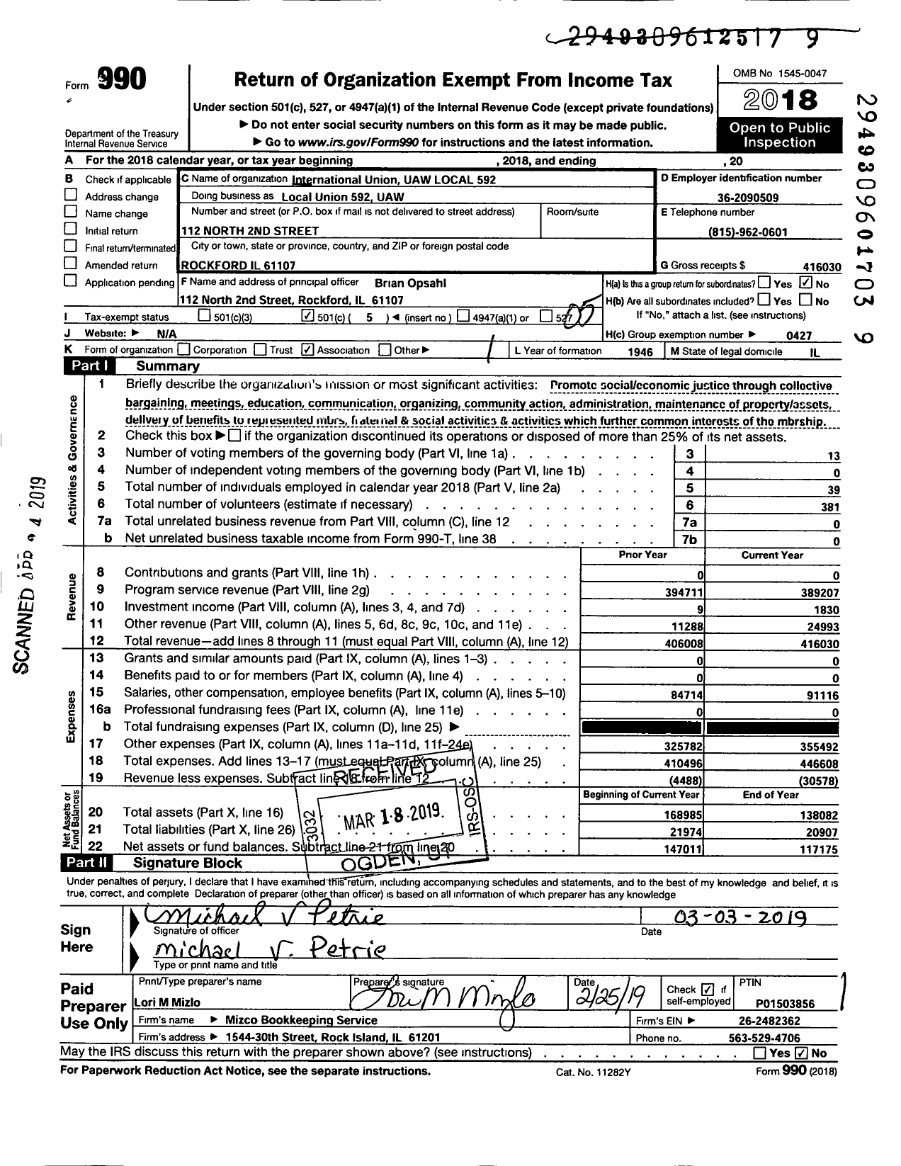 Image of first page of 2018 Form 990O for International Union UAW Local 592