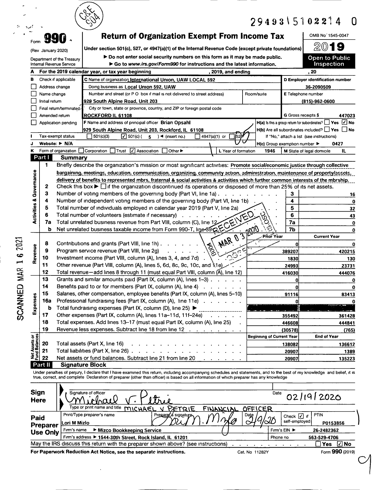 Image of first page of 2019 Form 990O for International Union UAW Local 592