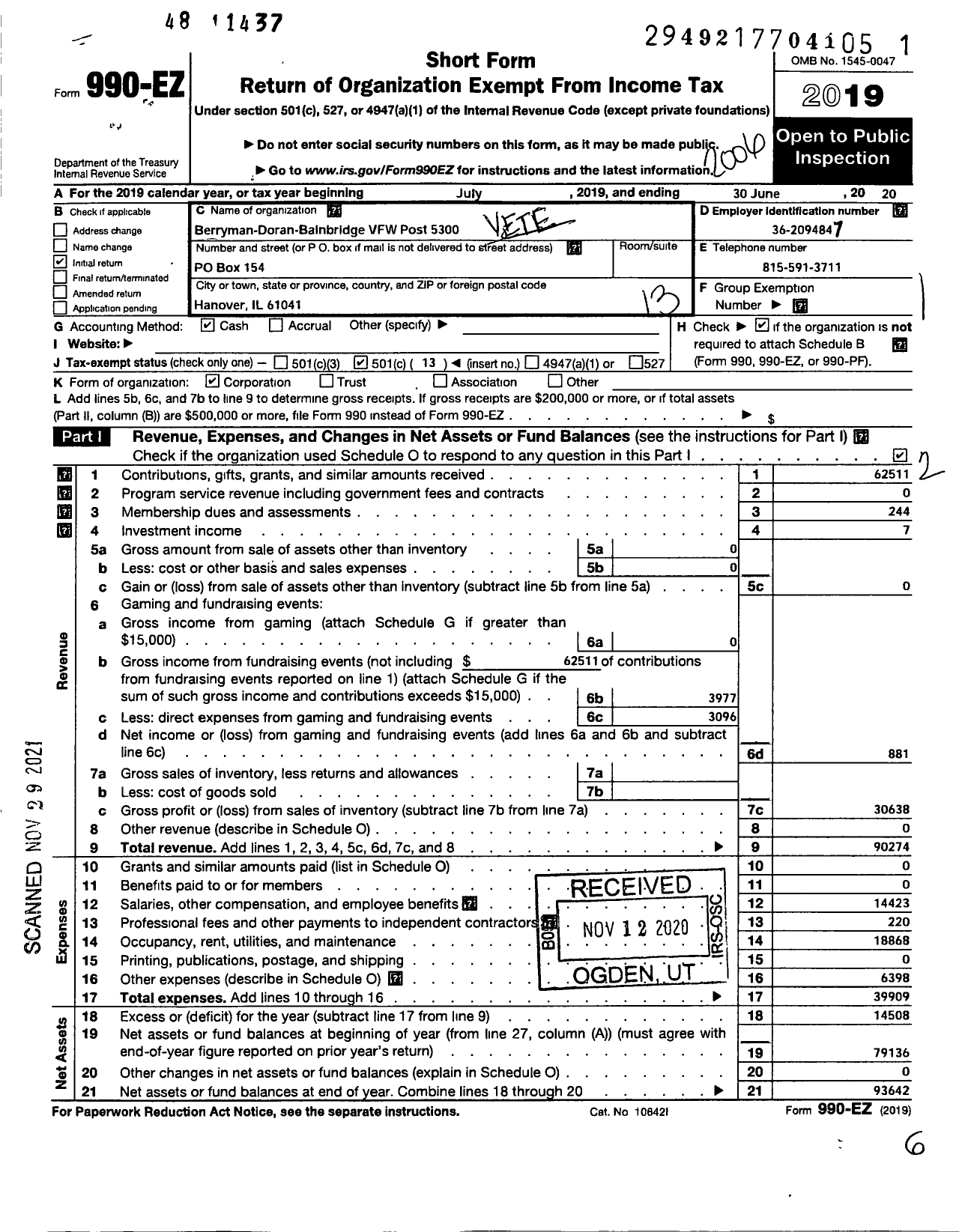 Image of first page of 2019 Form 990EO for VFW Dept OF ILLINOIS - 5300 Bainbridge Post