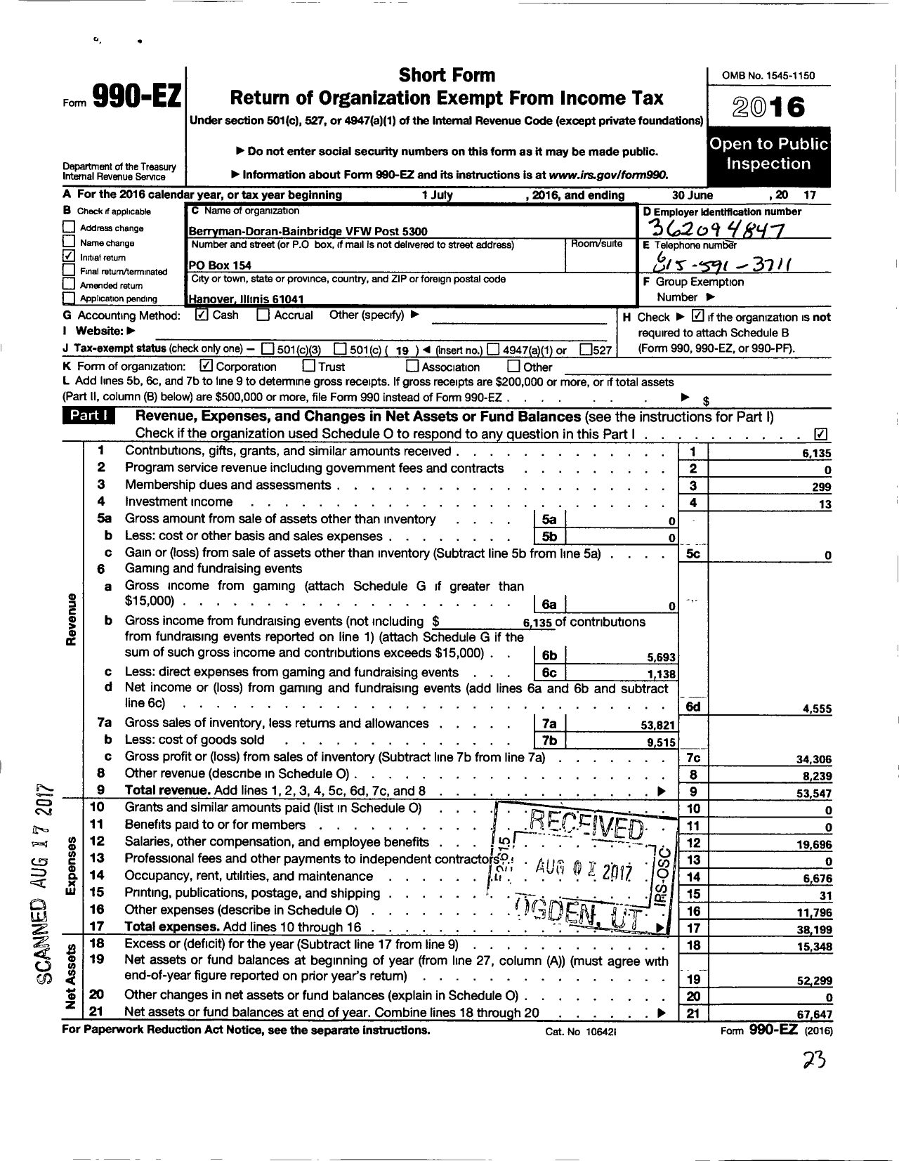 Image of first page of 2016 Form 990EO for VFW Dept OF ILLINOIS - 5300 Bainbridge Post