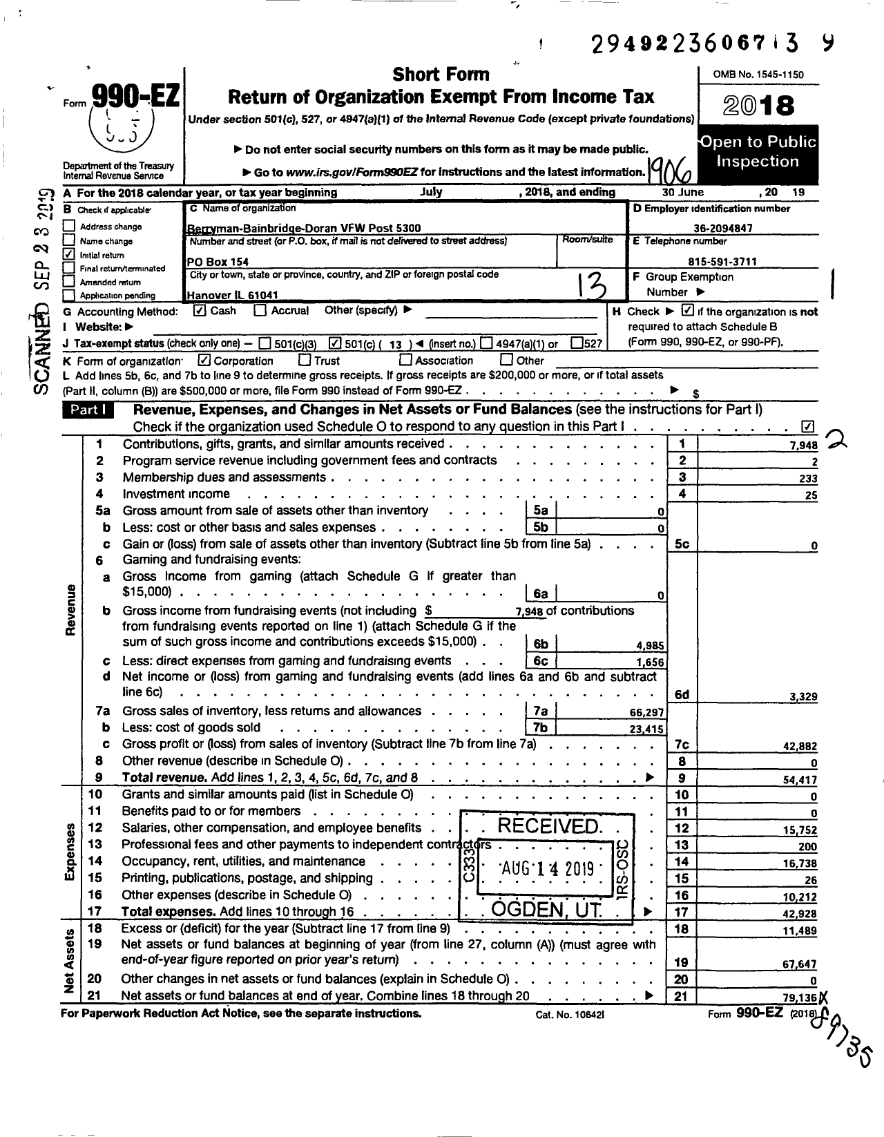 Image of first page of 2018 Form 990EO for VFW Dept OF ILLINOIS - 5300 Bainbridge Post