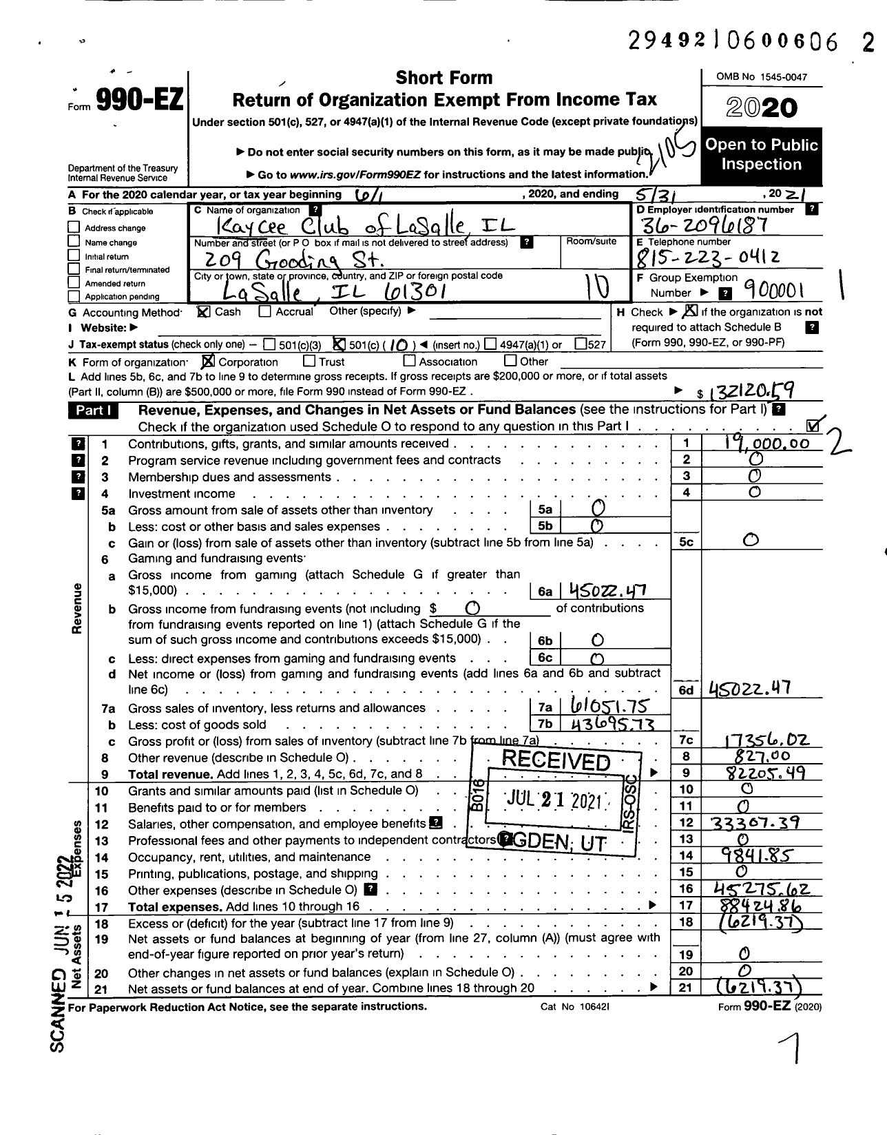 Image of first page of 2020 Form 990EO for Kay Cee Club of La Salle Ill