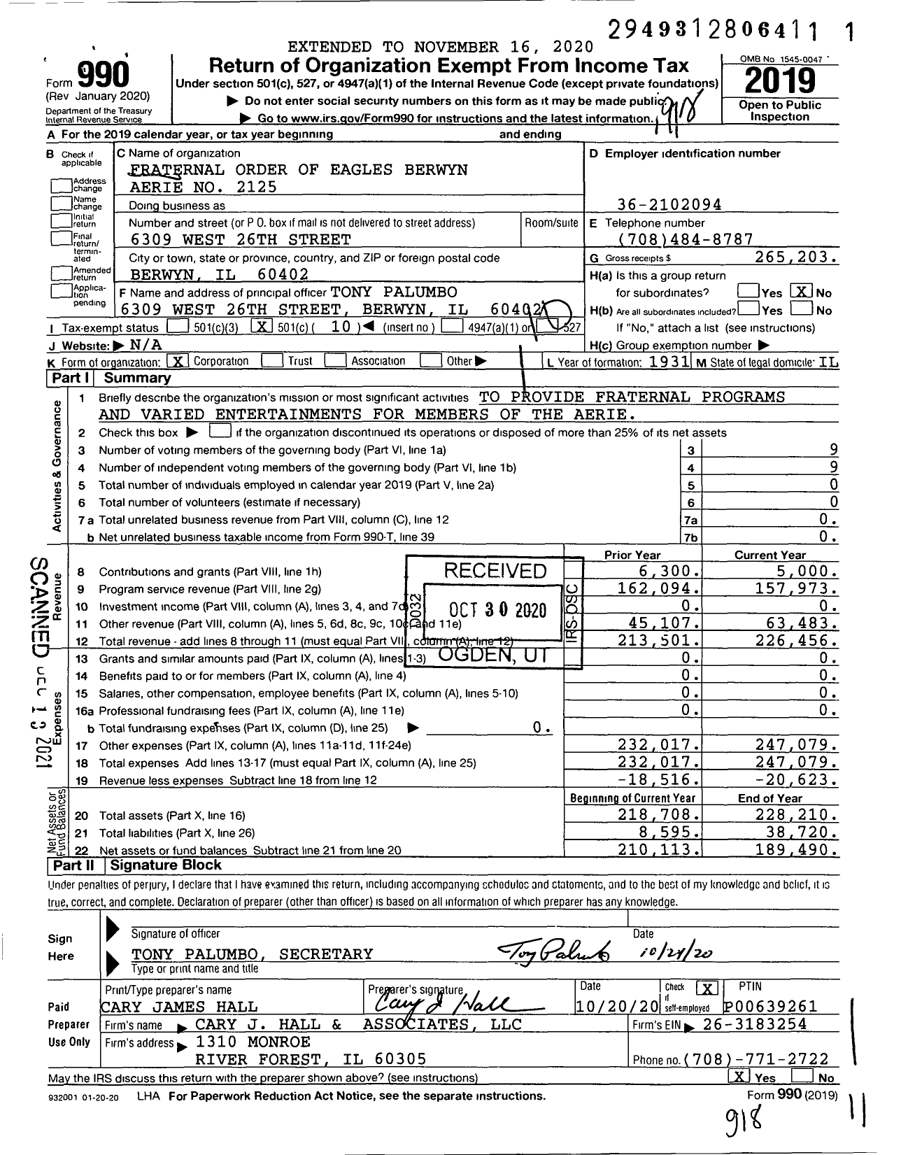 Image of first page of 2019 Form 990O for Fraternal Order of Eagles - 2125 Aerie