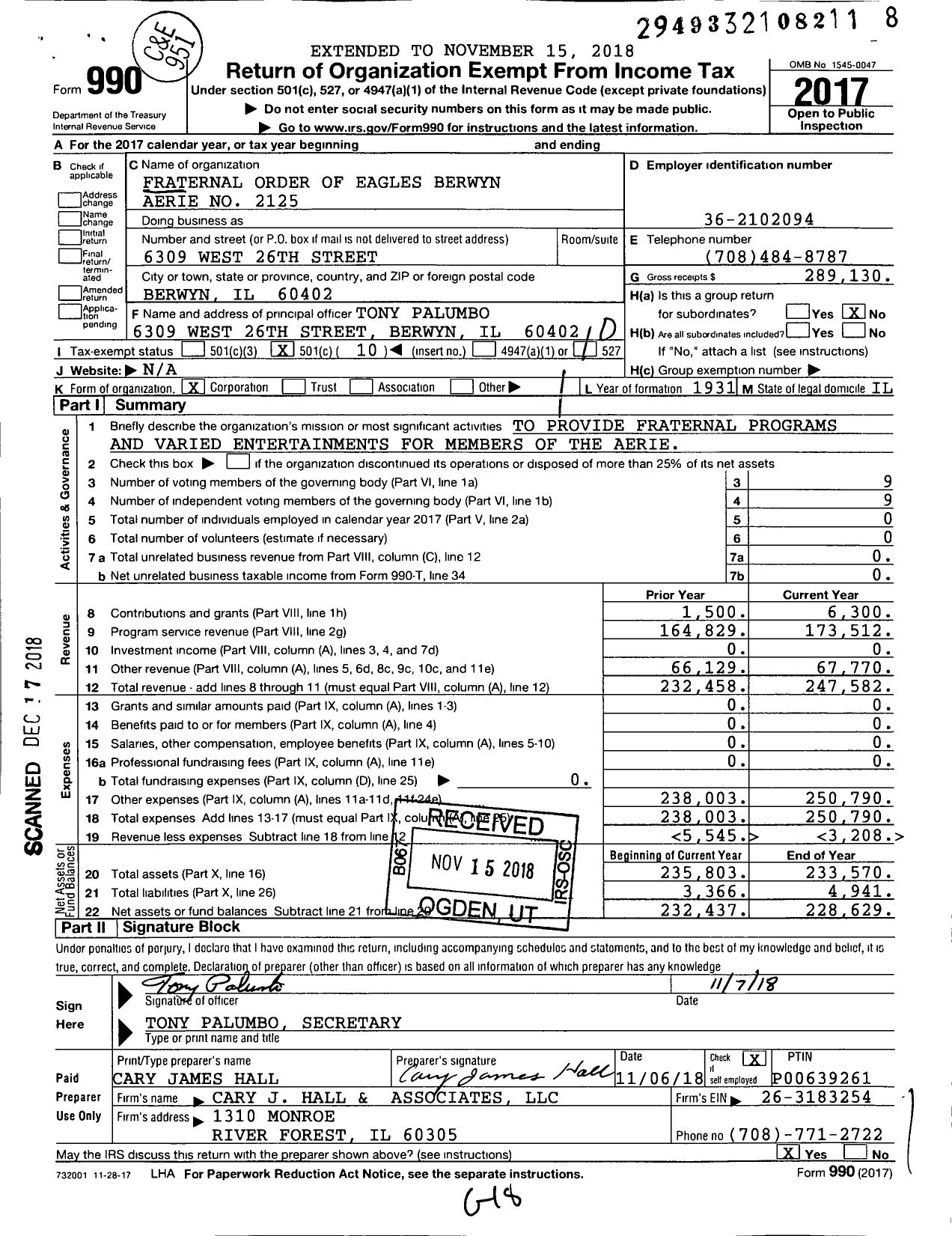 Image of first page of 2017 Form 990O for Fraternal Order of Eagles - 2125 Aerie