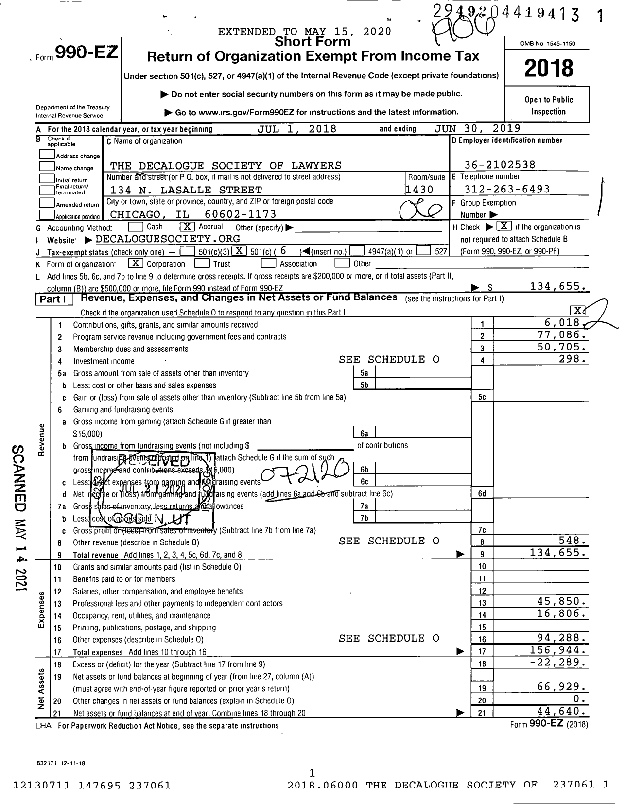 Image of first page of 2018 Form 990EO for Decalogue Society of Lawyers