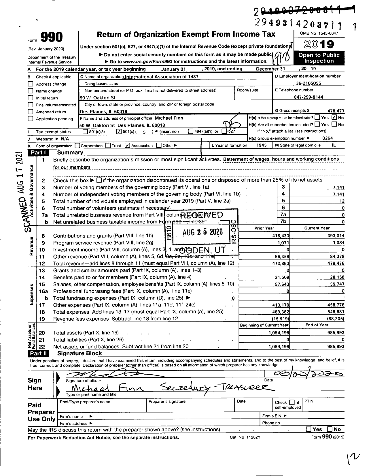 Image of first page of 2019 Form 990O for International Association of Machinists and Aerospace Workers - 1487