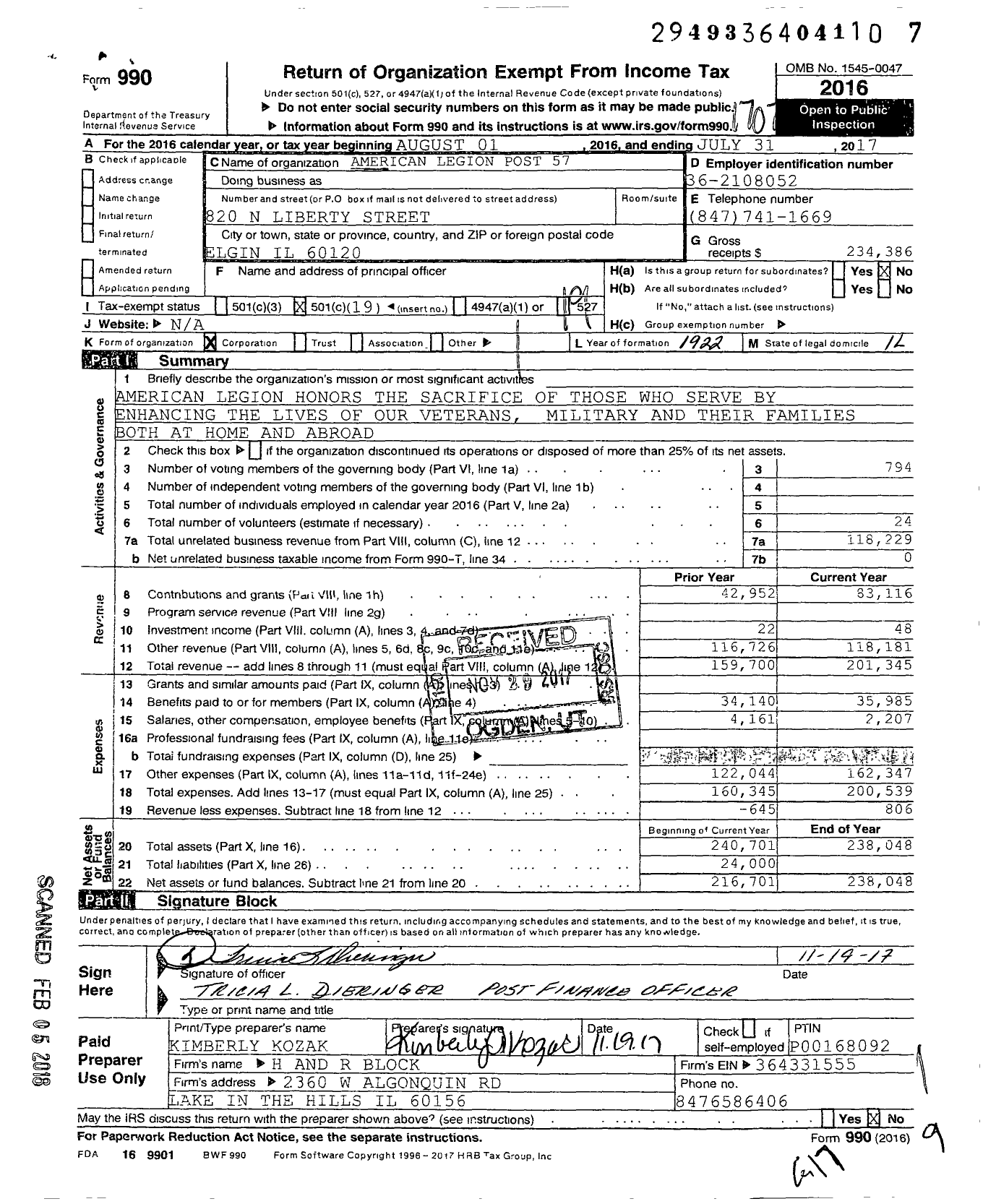 Image of first page of 2016 Form 990O for American Legion - 0057 Elgin Post