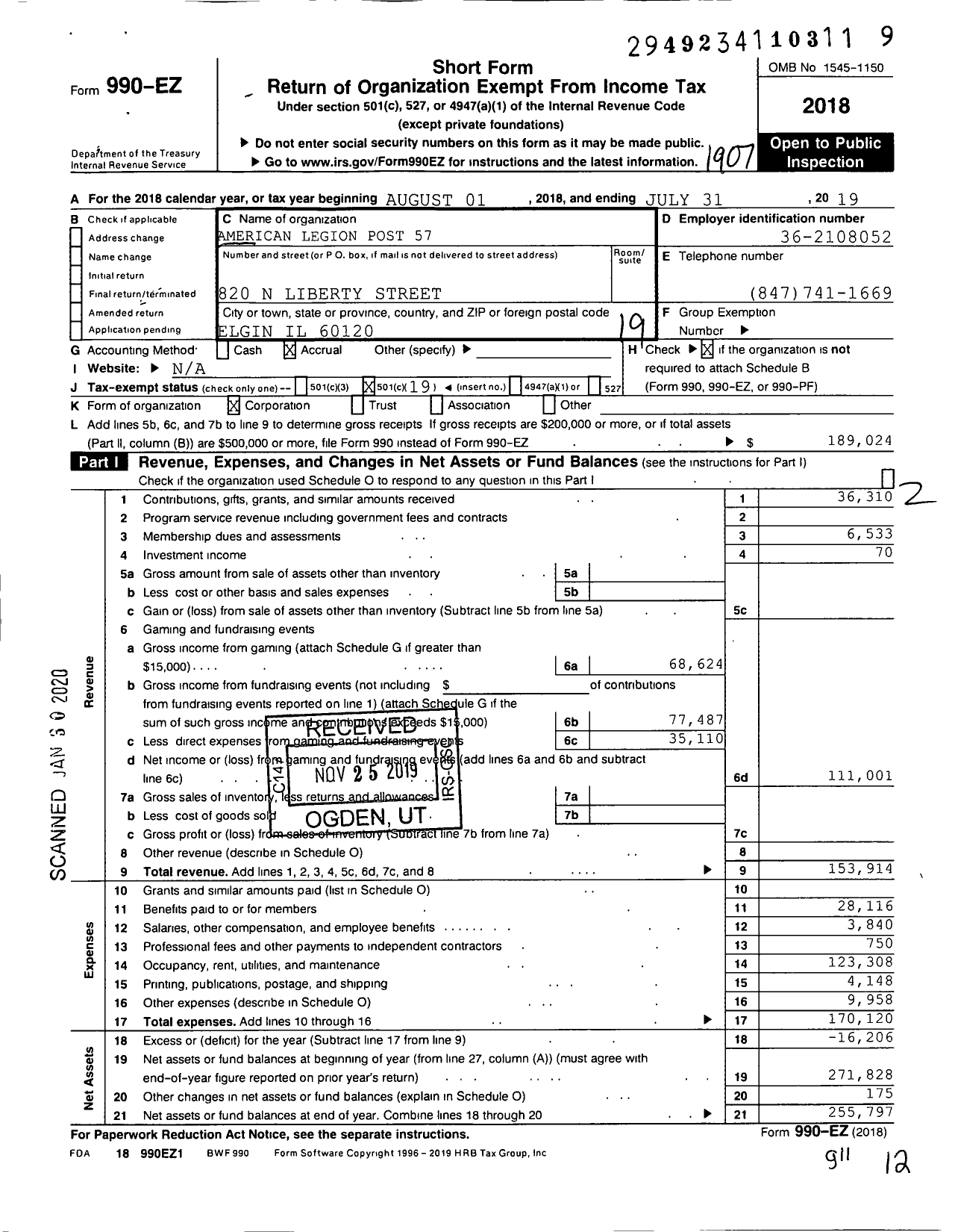 Image of first page of 2018 Form 990EO for American Legion - 0057 Elgin Post