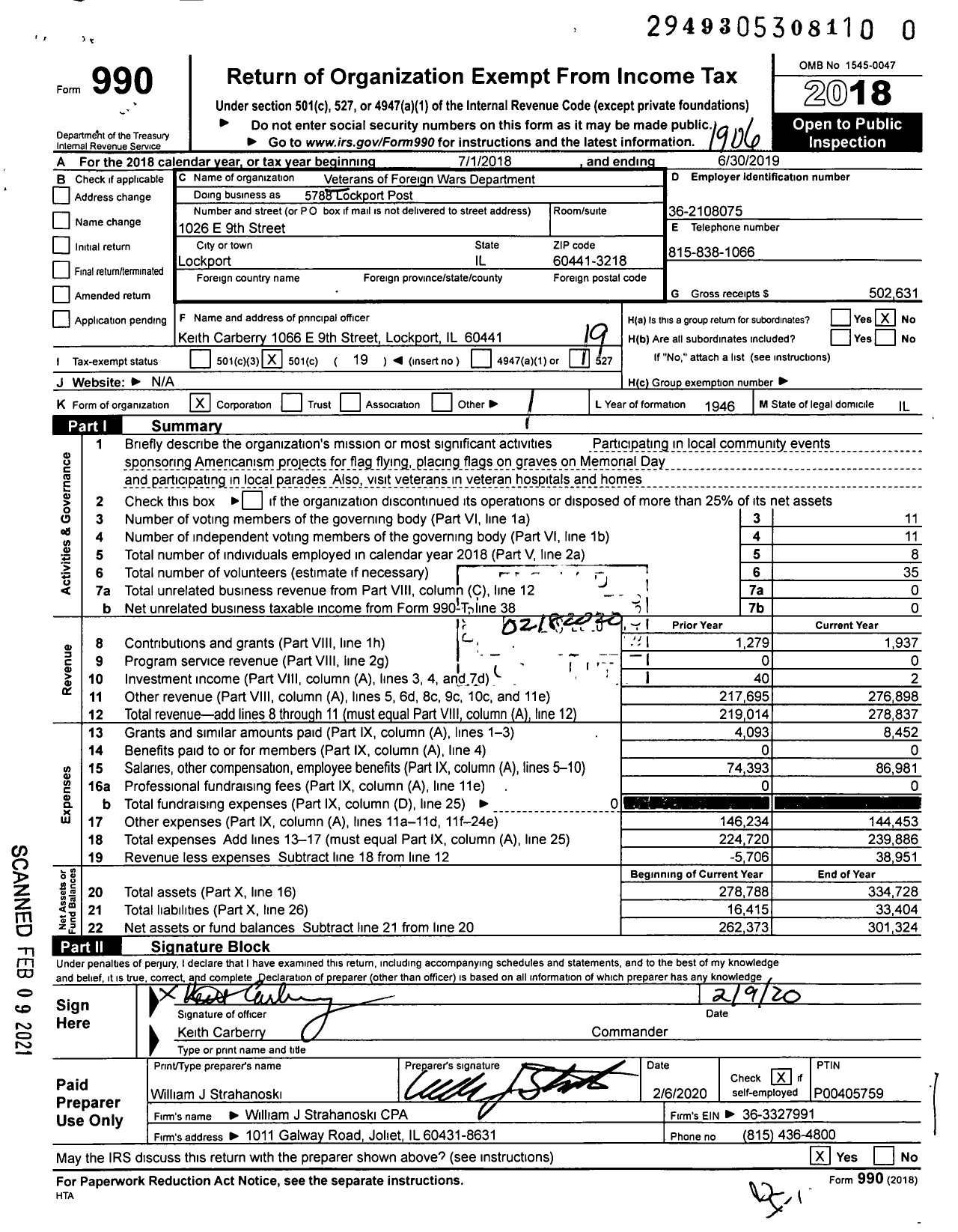 Image of first page of 2018 Form 990O for VFW Dept of Illinois - 5788 Lockport Post