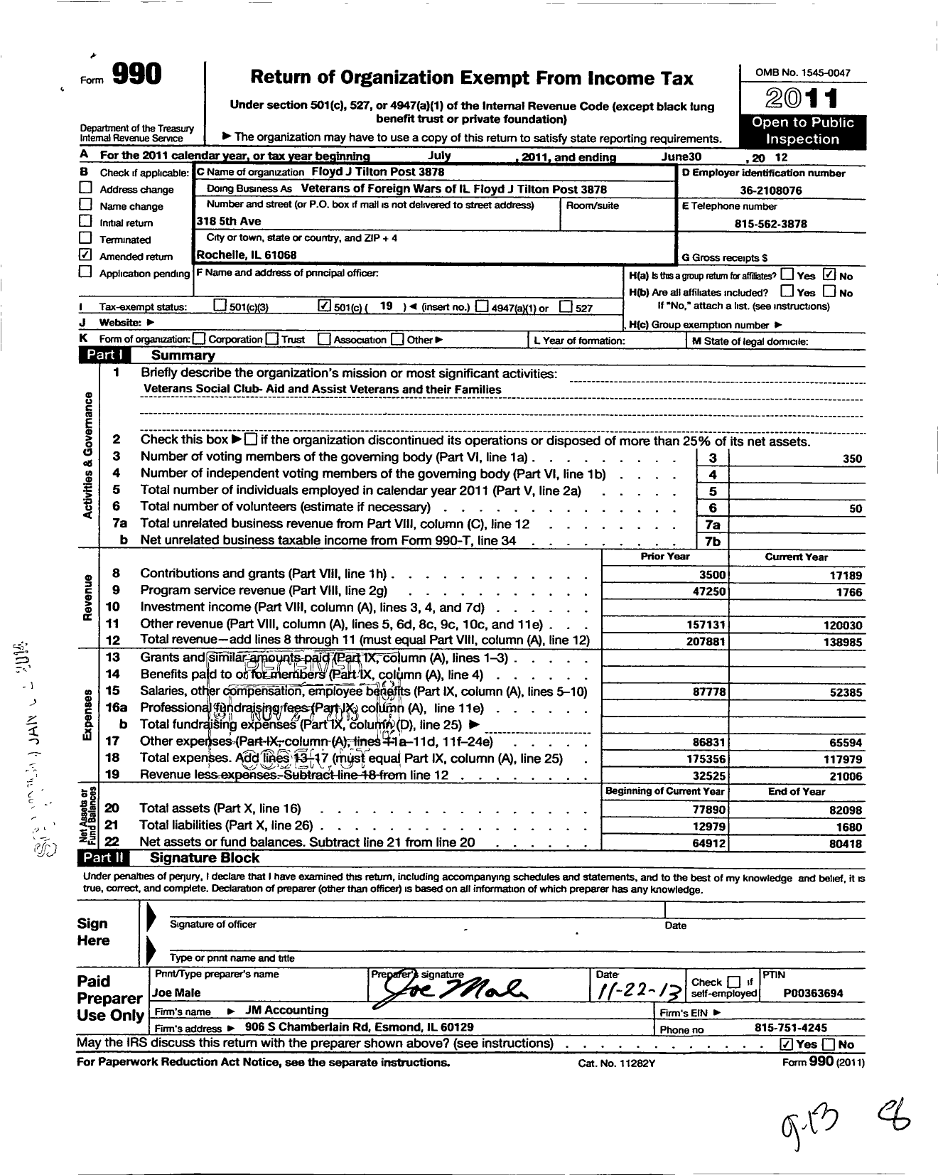 Image of first page of 2011 Form 990O for Floyd J Tilton Post 3878 VFW