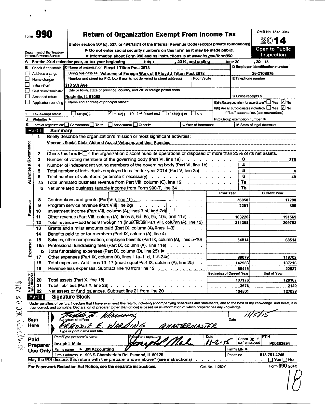 Image of first page of 2014 Form 990O for Floyd J Tilton Post 3878 VFW