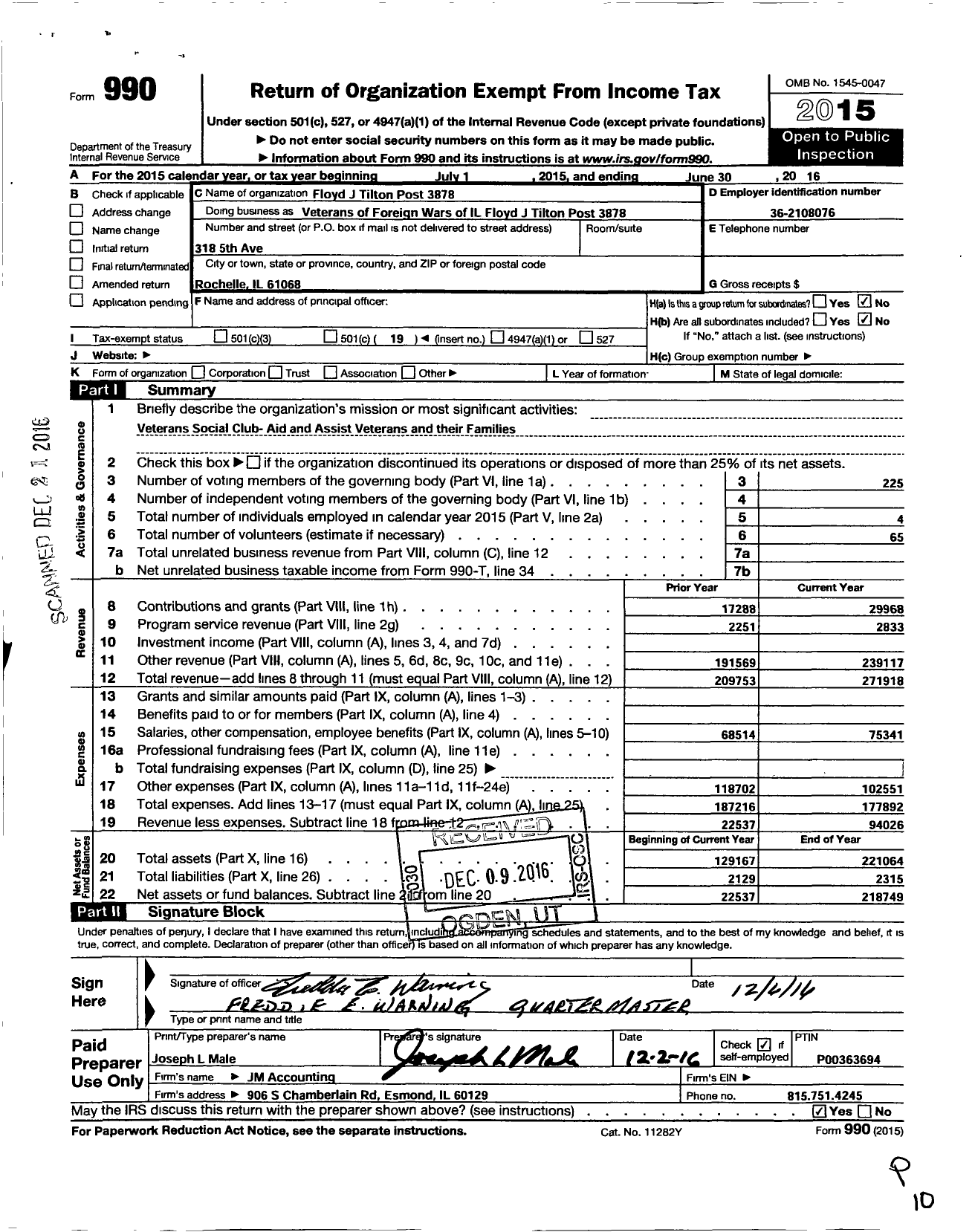 Image of first page of 2015 Form 990O for Floyd J Tilton Post 3878 VFW