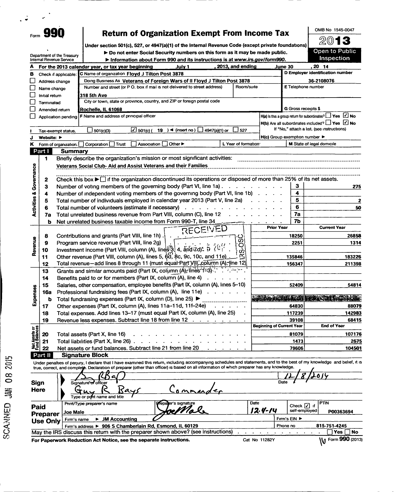 Image of first page of 2013 Form 990O for Floyd J Tilton Post 3878 VFW