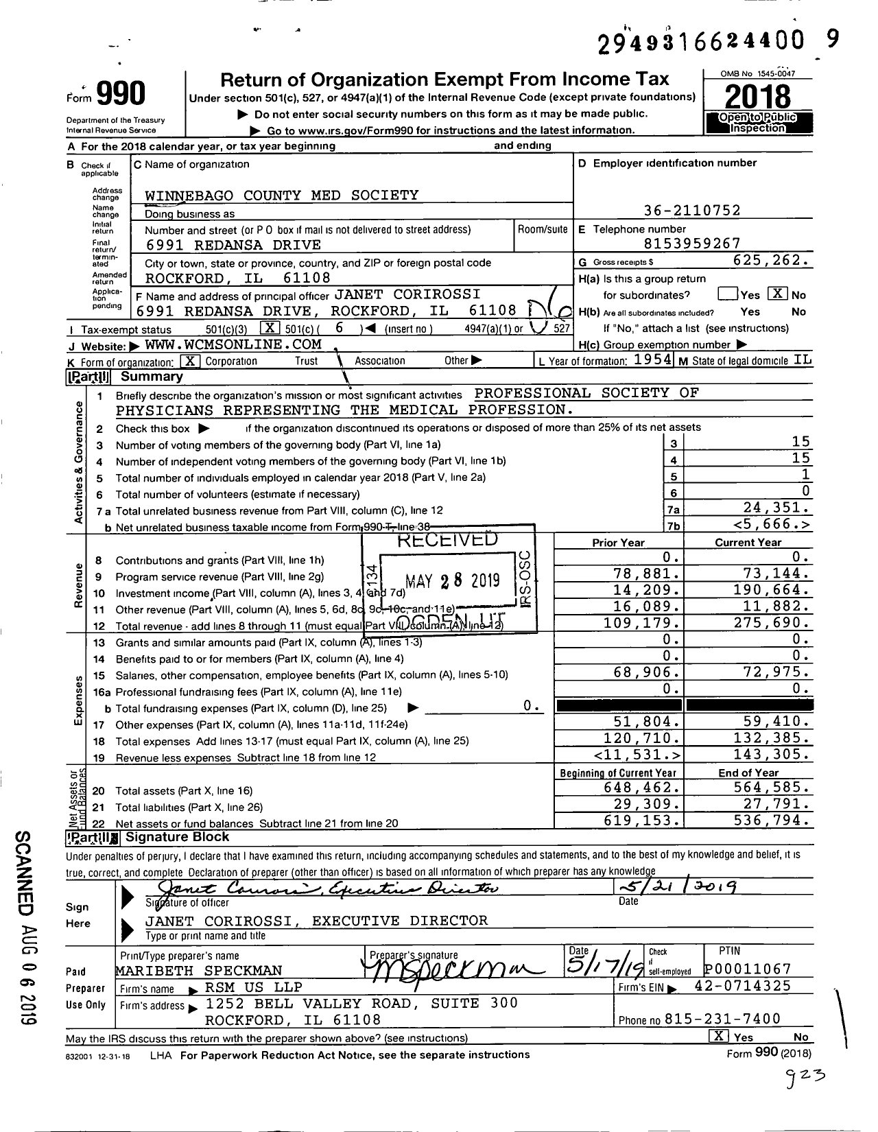 Image of first page of 2018 Form 990O for Winnebago County Medical Society