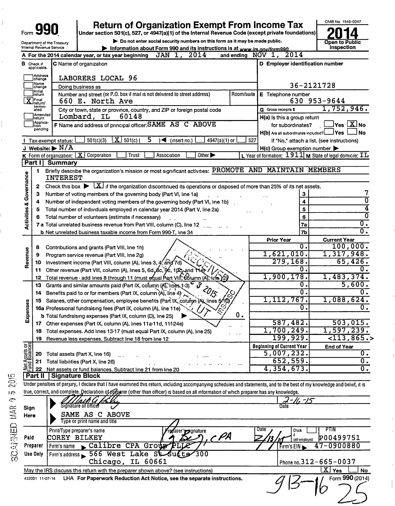 Image of first page of 2013 Form 990O for Laborers' International Union of North America - 96 Local Union