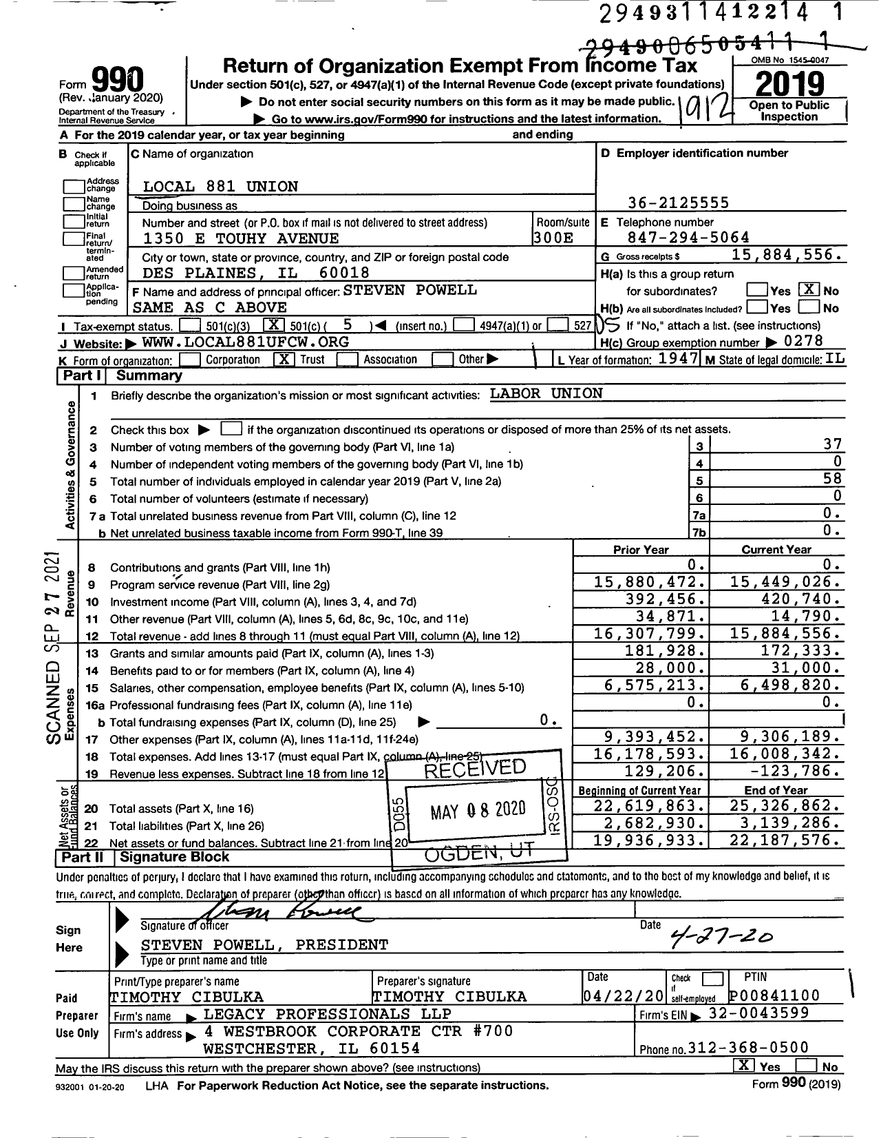 Image of first page of 2019 Form 990O for United Food & Commercial Workers Union - 881 Local