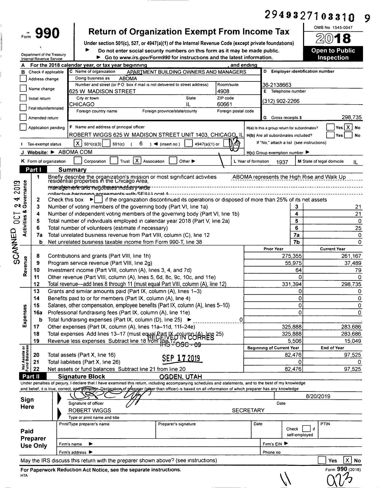 Image of first page of 2018 Form 990 for Apartment Building Owners and Managers (ABOMA)