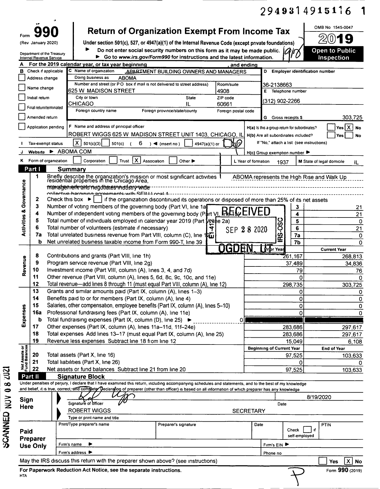 Image of first page of 2019 Form 990O for Apartment Building Owners and Managers (ABOMA)