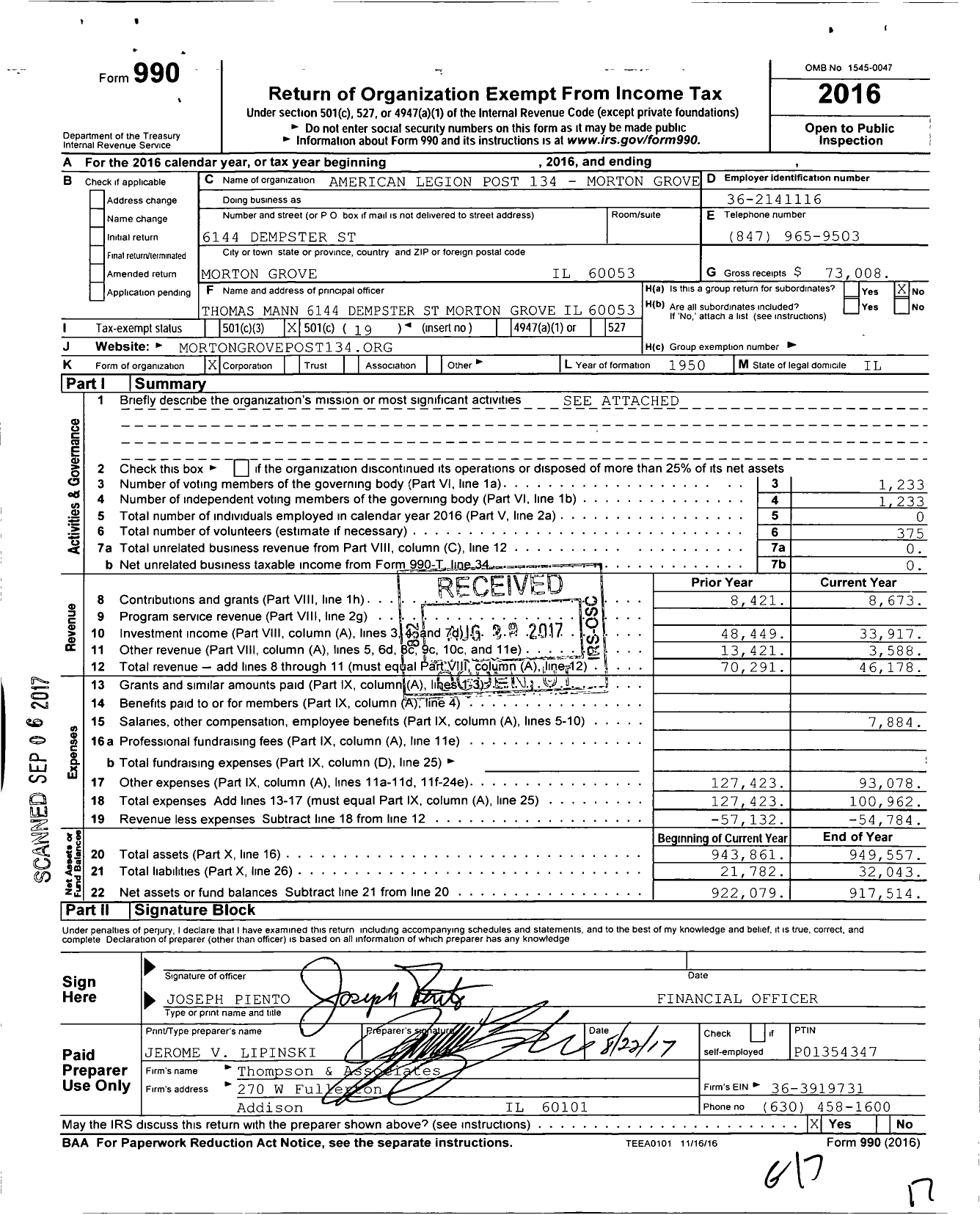 Image of first page of 2016 Form 990O for American Legion Post 134 Morton Grove